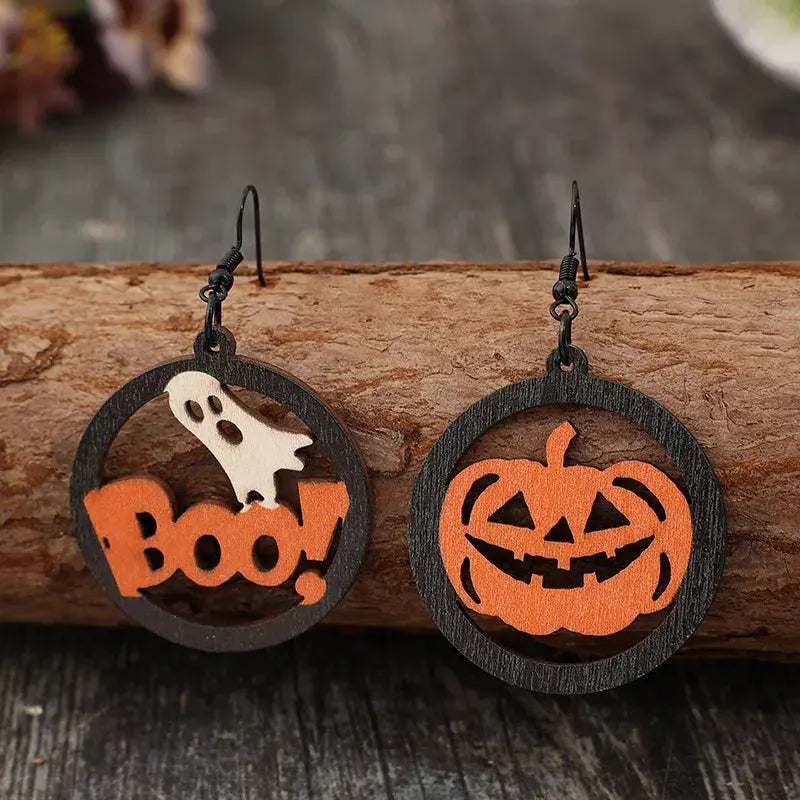 Hollow Pumpkin & Letter Wooden Earrings - FloofChonk