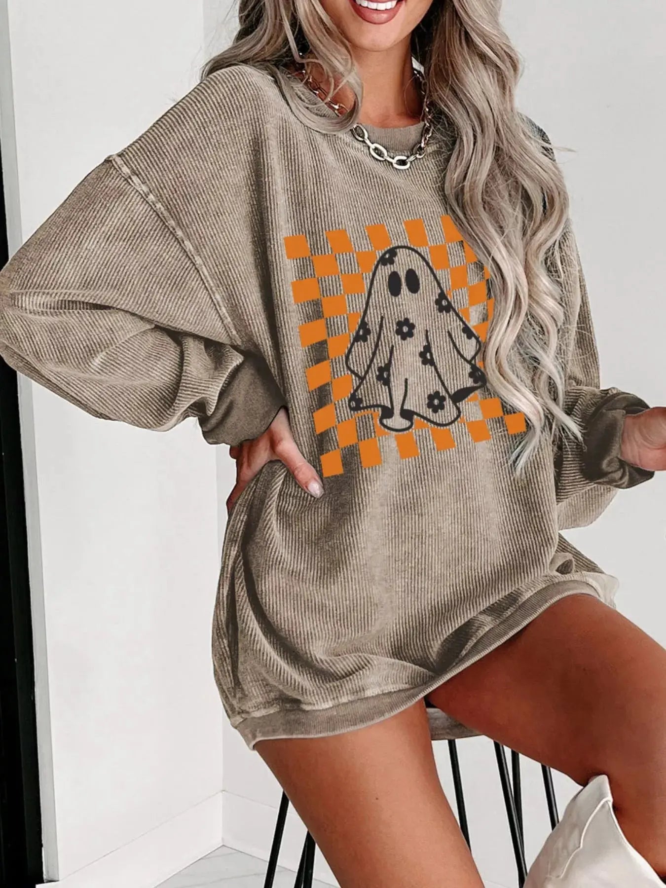 Halloween Checkerboard Floral Ghost Graphic Corded Sweatshirt - FloofChonk