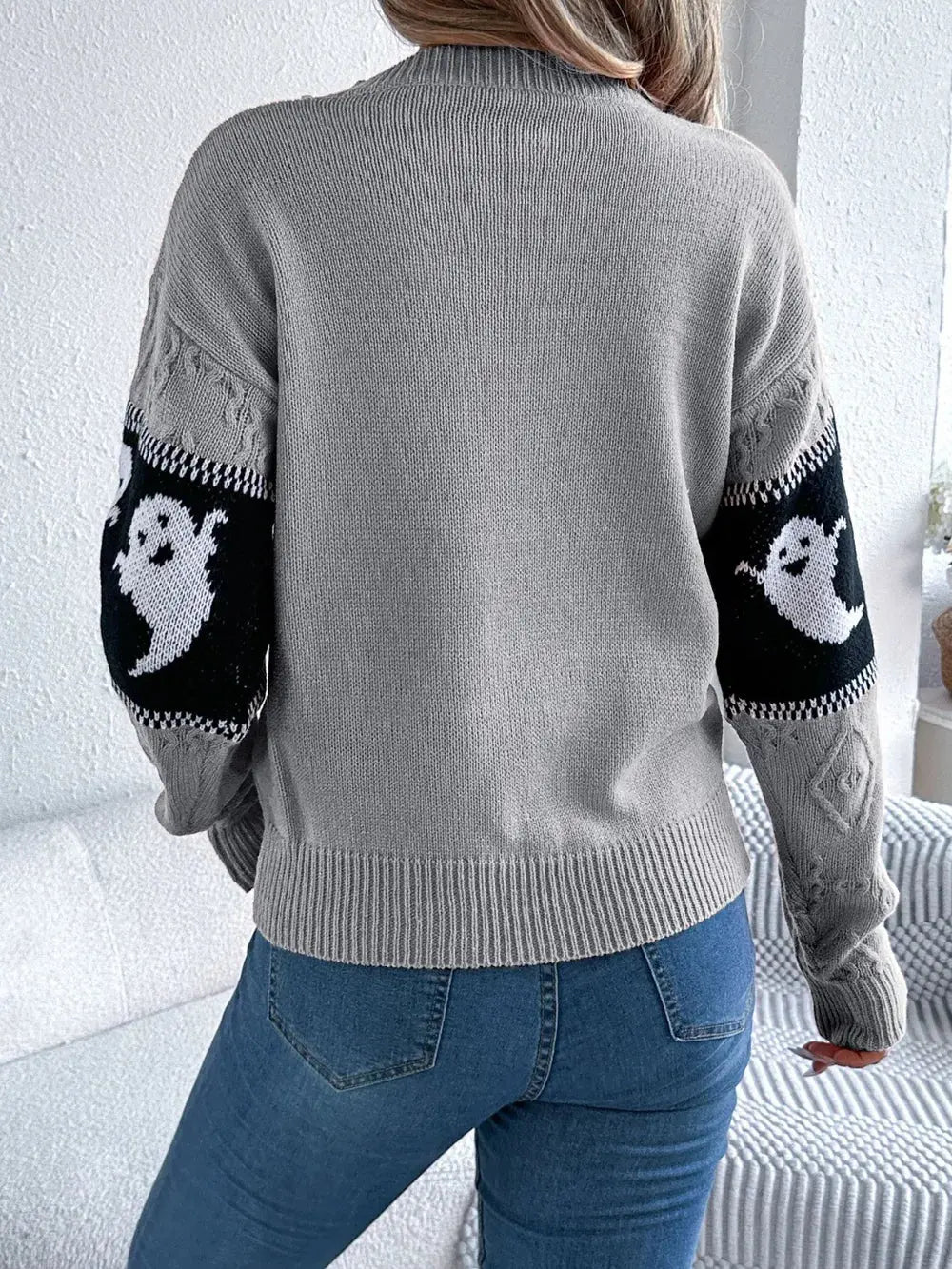 Ghost Round Neck Long Sleeve Sweater - FloofChonk