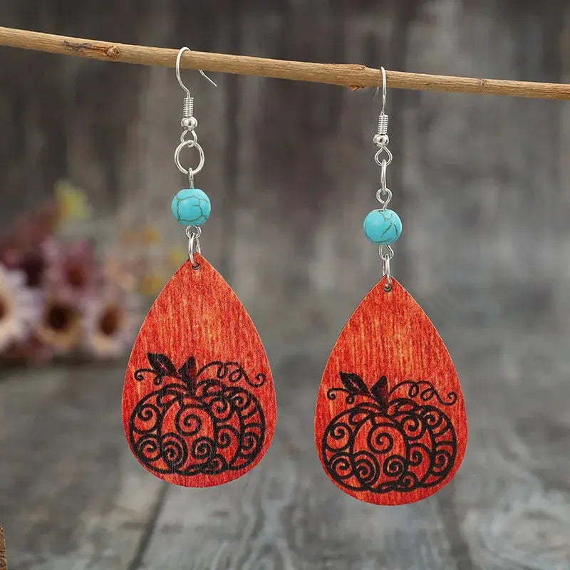 Turquoise Wooden Pumpkin Teardrop Earrings - FloofChonk