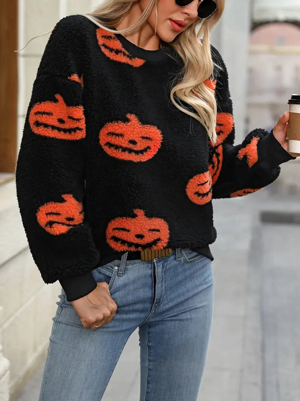 Fuzzy Pumpkin Round Neck Dropped Shoulder Sweater - FloofChonk