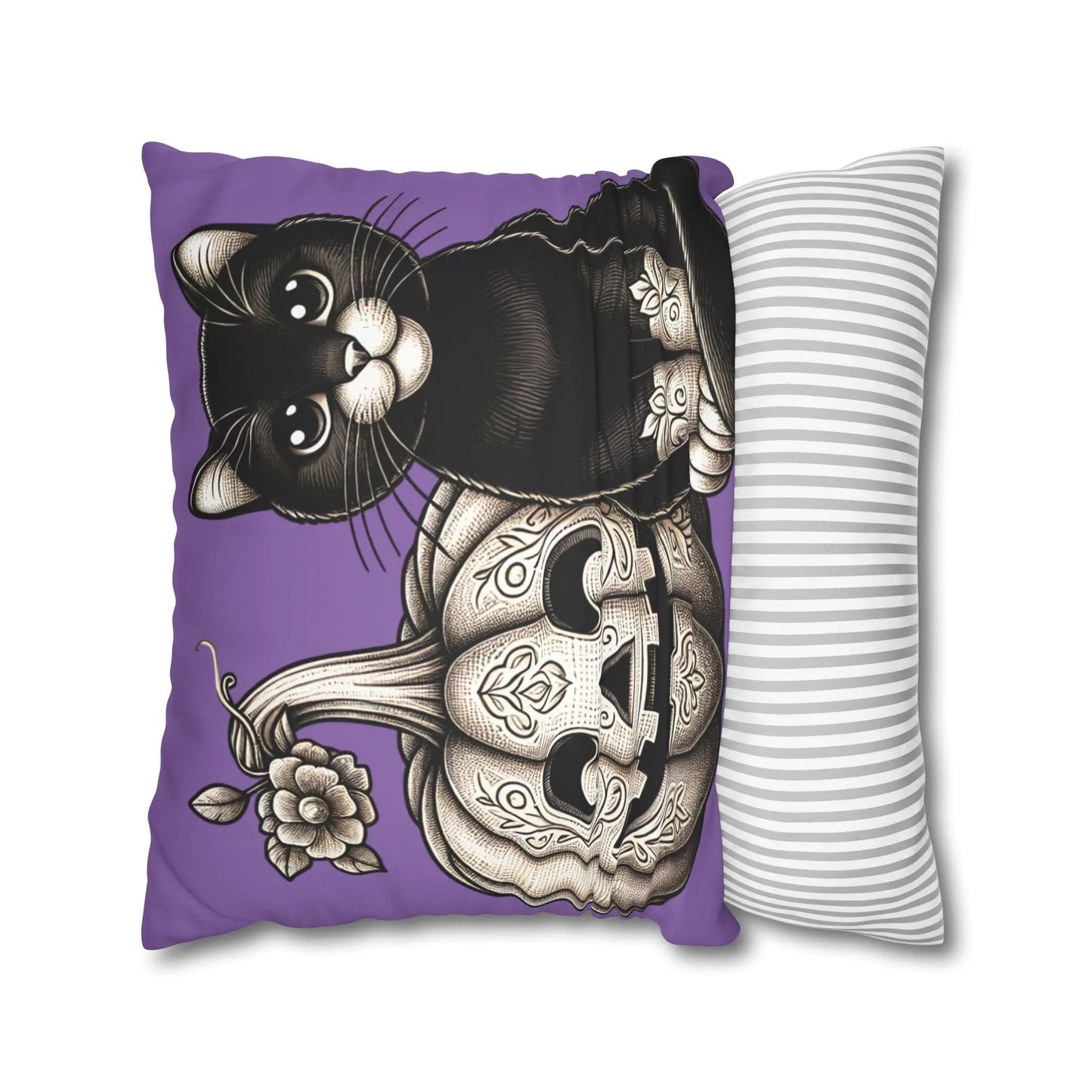 Black Cat and Pumpkin Square Pillowcase, Faux Suede Halloween Pillow Cover, Multiple Sizes, Spooky Home Decor, Cat Lover Gift - FloofChonk
