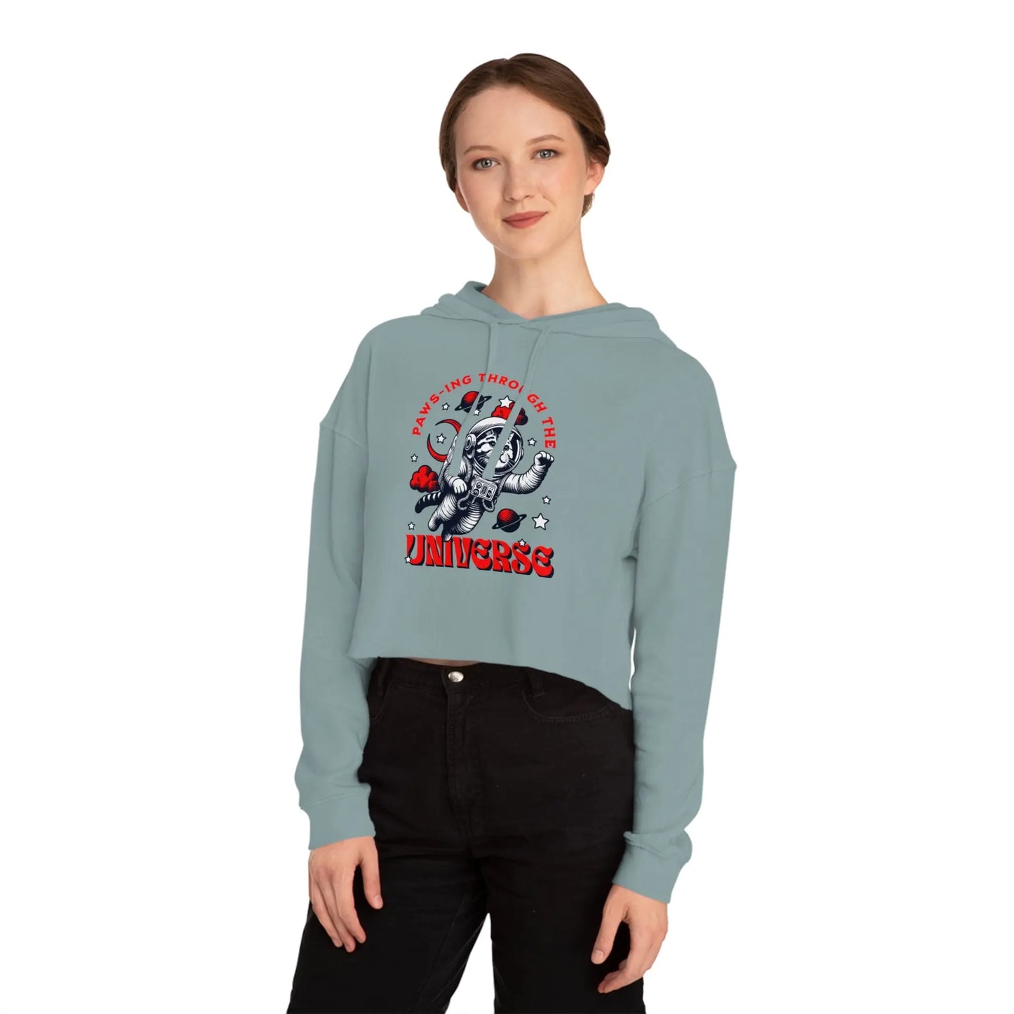Cat Lover's Cropped Hoodie - Pam-pawing Through the Universe Printify