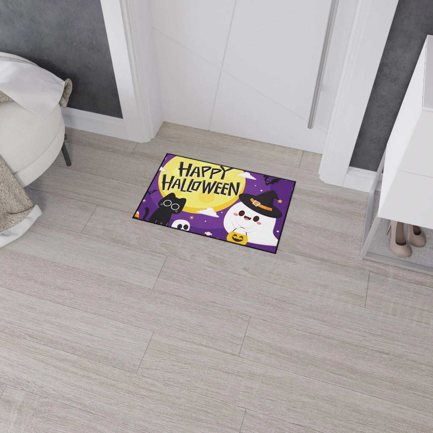 Happy Halloween Floor Mat, Spooky Decor for Entryway, Cute Ghost and Cat, Halloween Party Welcome, Fall Home Decoration, Trick or Treat Mat Printify