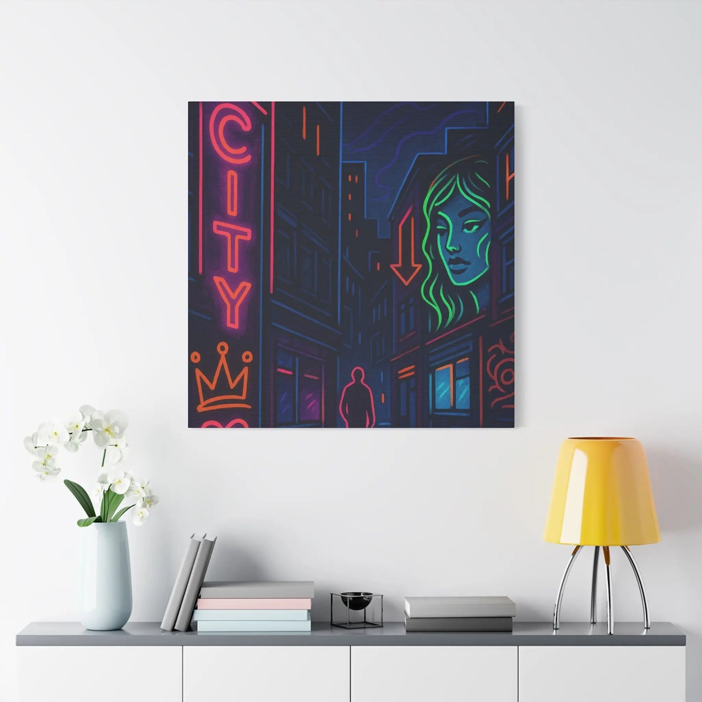 Canvas Art, Urban Neon City Vibes, Stretched Canvas Painting, Modern Home Decor, Gift for Art Lovers, Wall Decor Printify