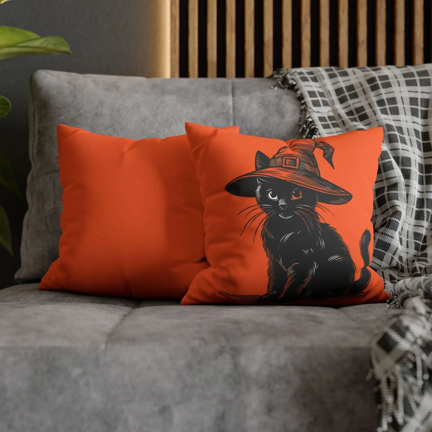 Halloween Cat Pillowcase, Cozy Throw, Cat Lover Gift, Autumn Decor, Witch Hat Cushion Cover, Home Accessories, Square Pillow, Faux Suede - FloofChonk
