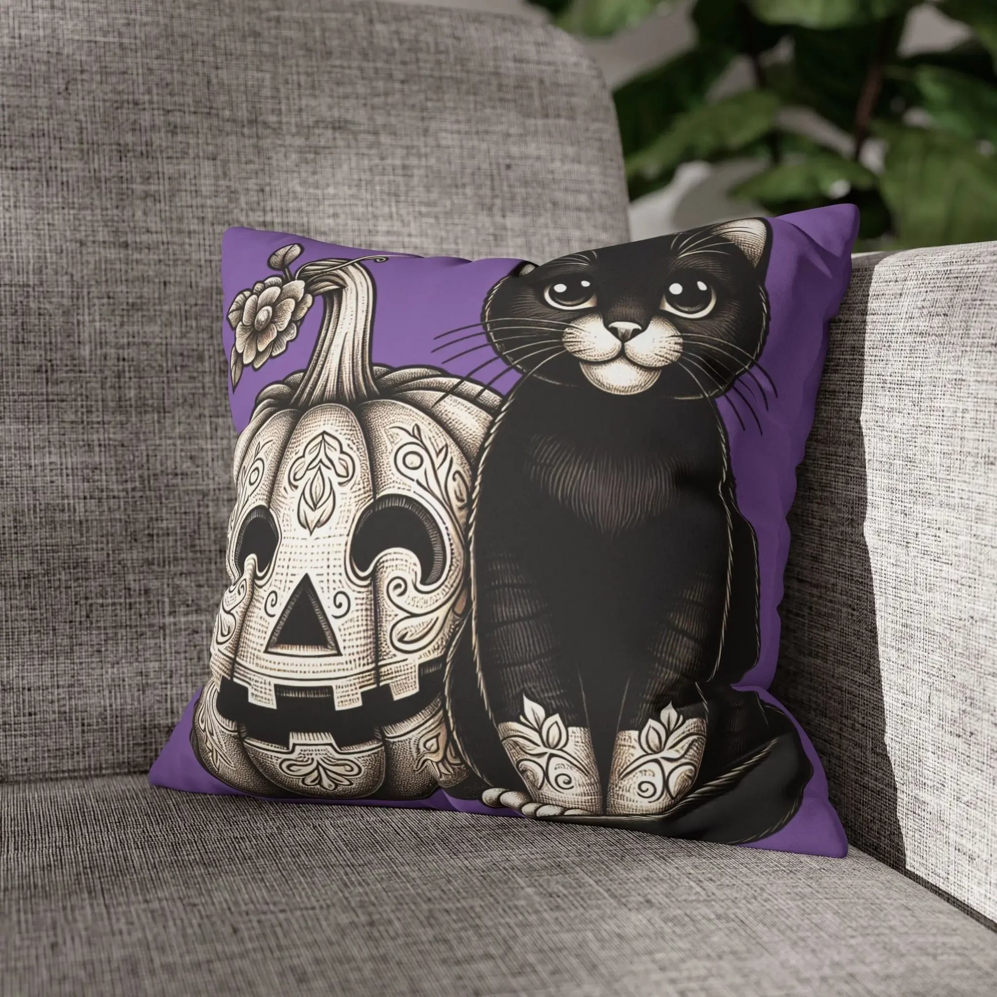 Black Cat and Pumpkin Square Pillowcase, Faux Suede Halloween Pillow Cover, Multiple Sizes, Spooky Home Decor, Cat Lover Gift - FloofChonk