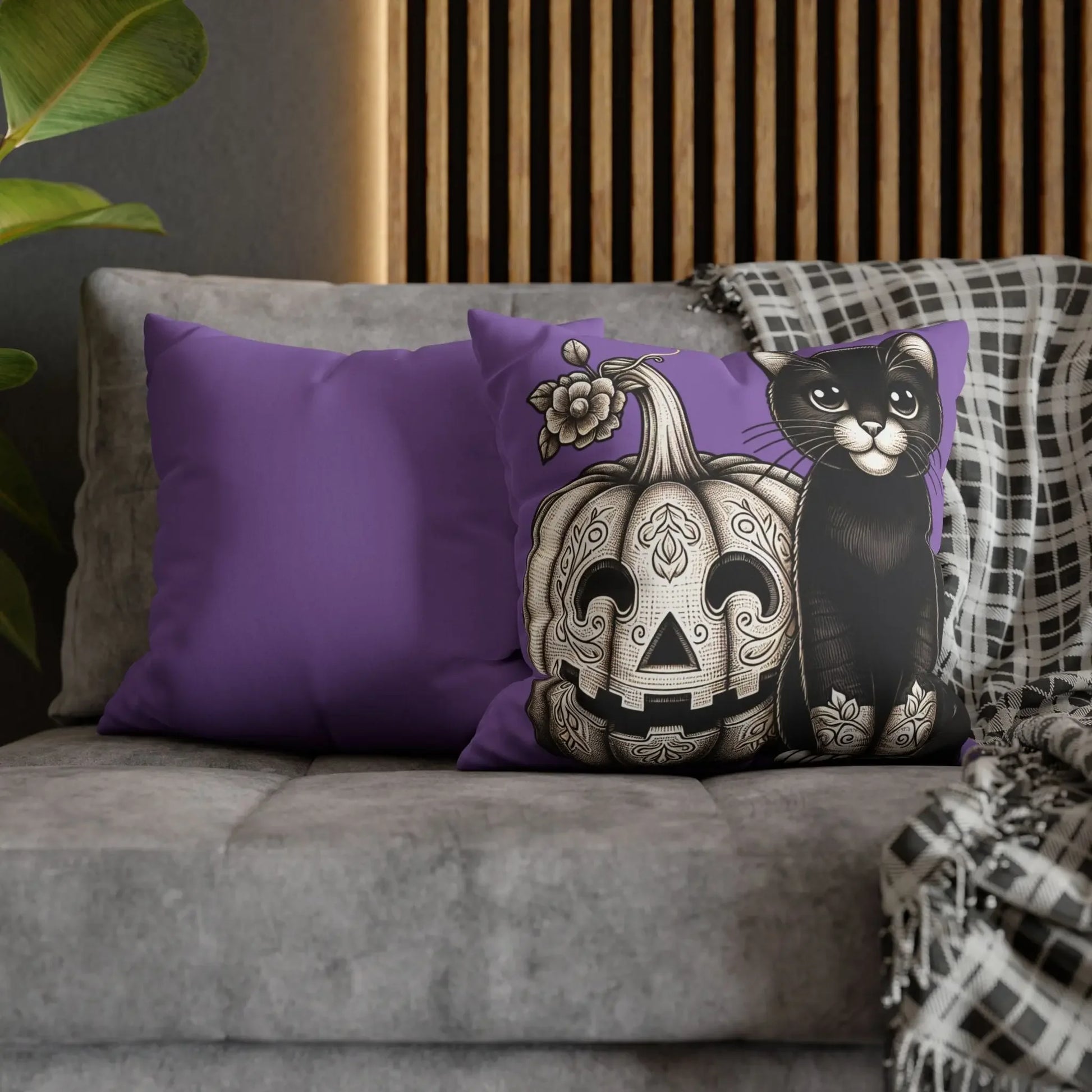 Black Cat and Pumpkin Square Pillowcase, Faux Suede Halloween Pillow Cover, Multiple Sizes, Spooky Home Decor, Cat Lover Gift - FloofChonk