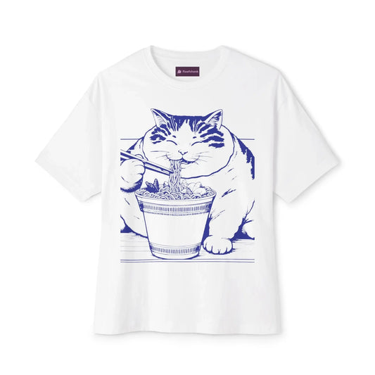 Cute Cat Noodle Lover Tee, Unisex Oversized Boxy Tee, Cat Lover Gift - FloofChonk