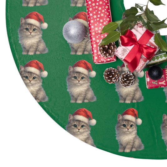 Cute Kitten Santa Christmas Tree Skirt — Green Holiday Tree Skirt with Santa Hat Kittens Printify