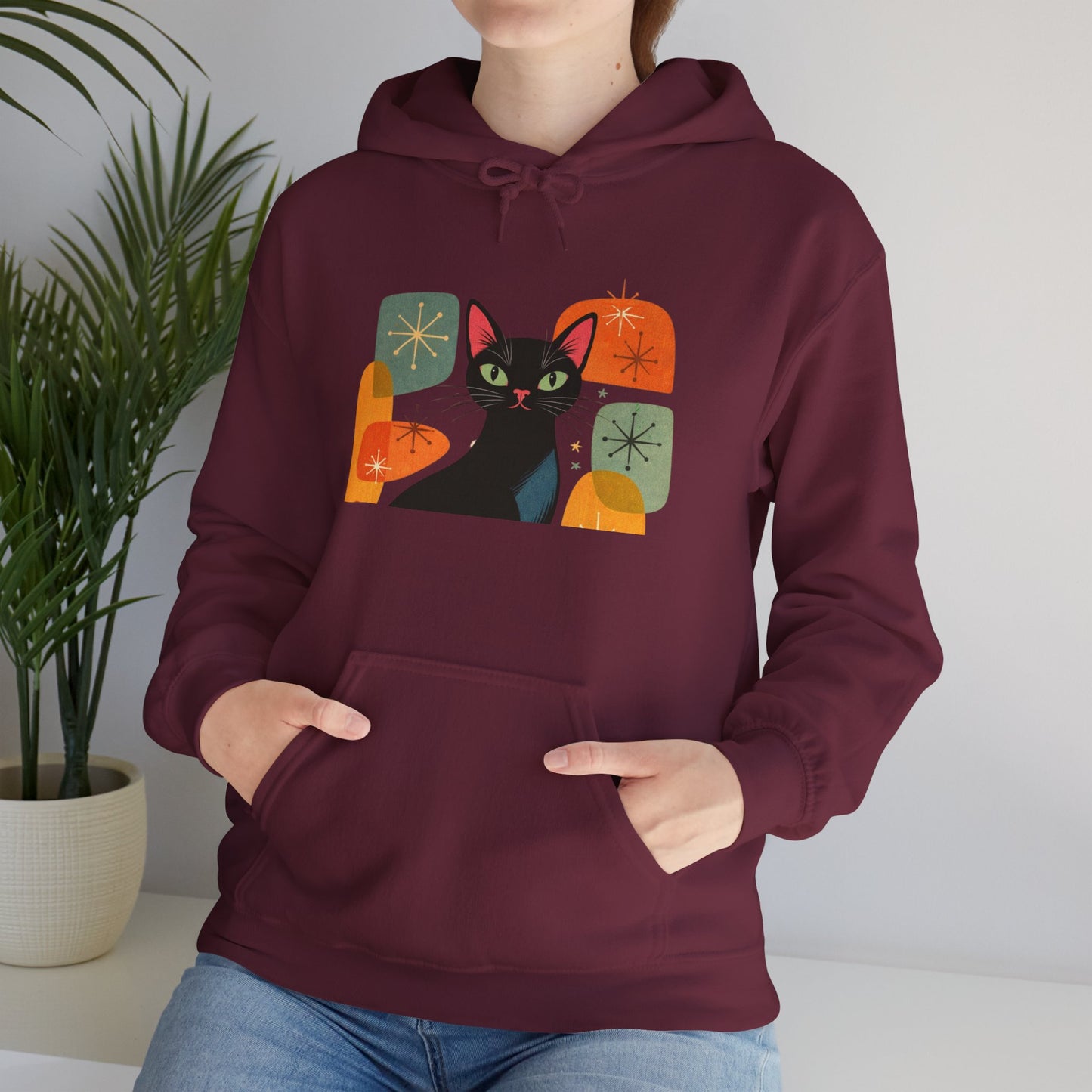 Mid-Century Modern Cat Hoodie — Retro Cool Graphic Sweatshirt