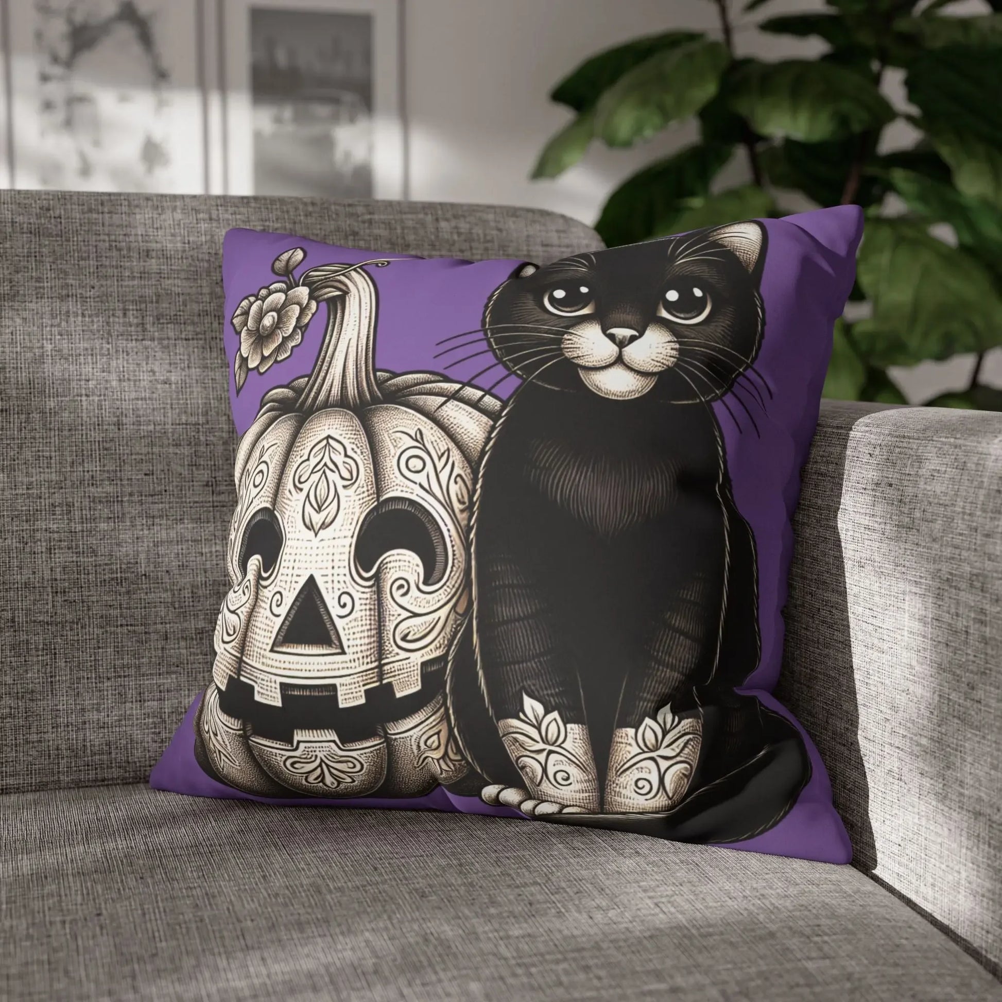 Black Cat and Pumpkin Square Pillowcase, Faux Suede Halloween Pillow Cover, Multiple Sizes, Spooky Home Decor, Cat Lover Gift - FloofChonk