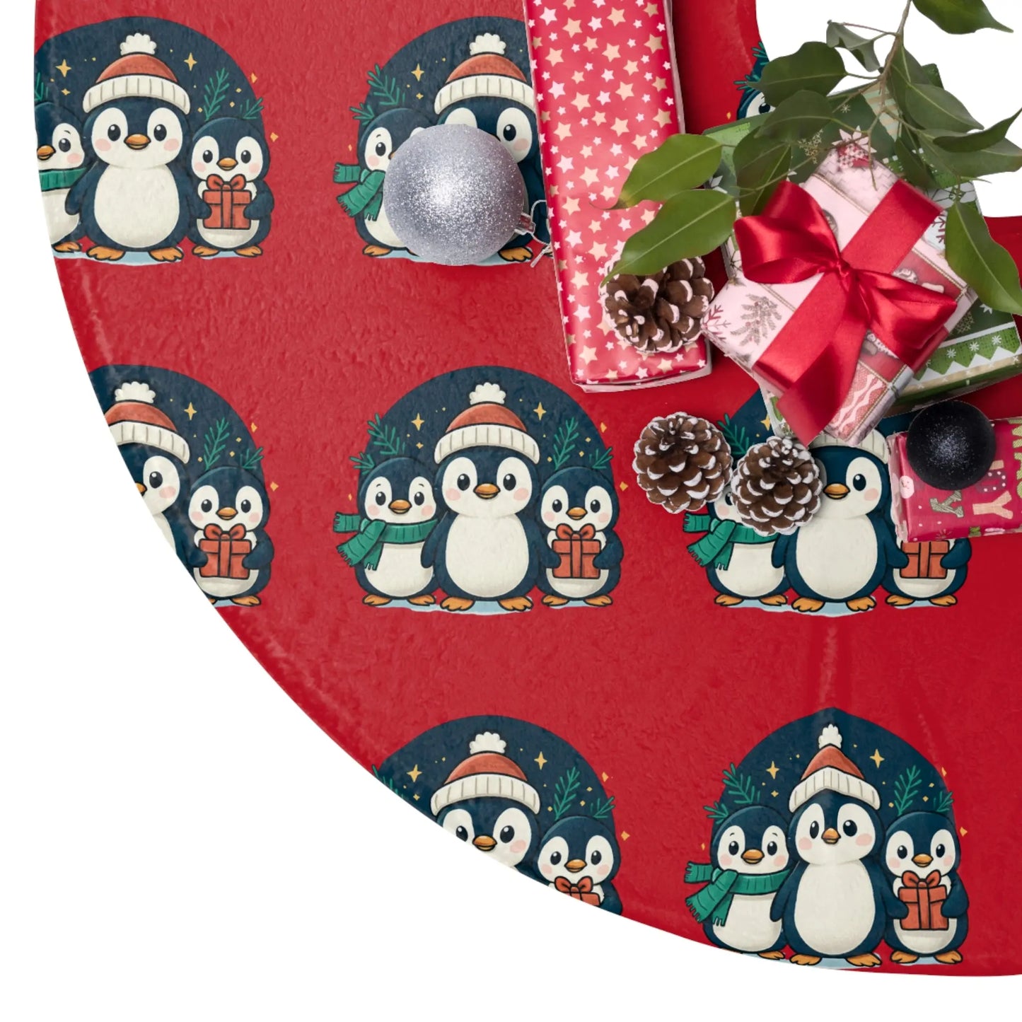 Penguin Family Christmas Tree Skirt — Festive Red Holiday Decor Printify