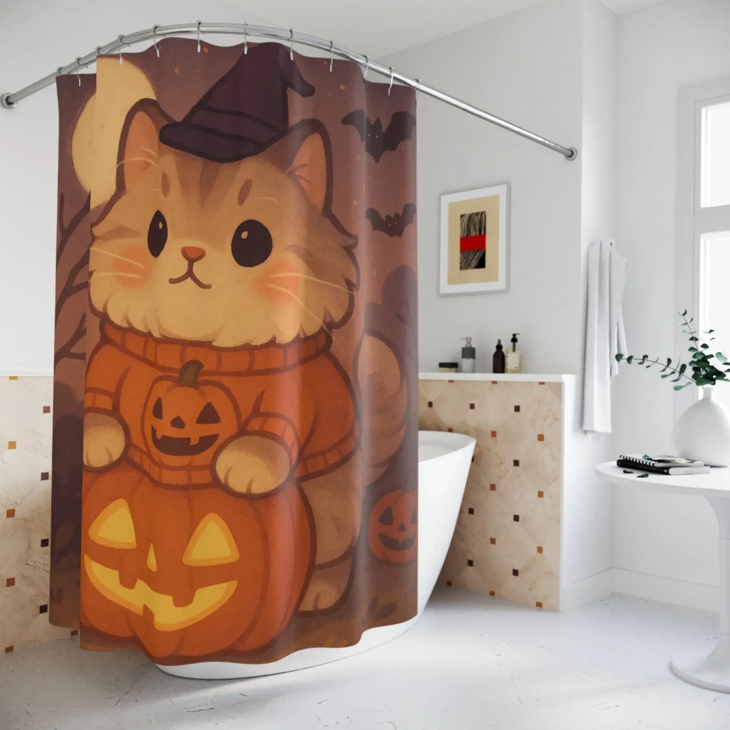 Cute Halloween Cat Shower Curtain - Cozy Bathroom Decor, Fall Home Accessory - FloofChonk