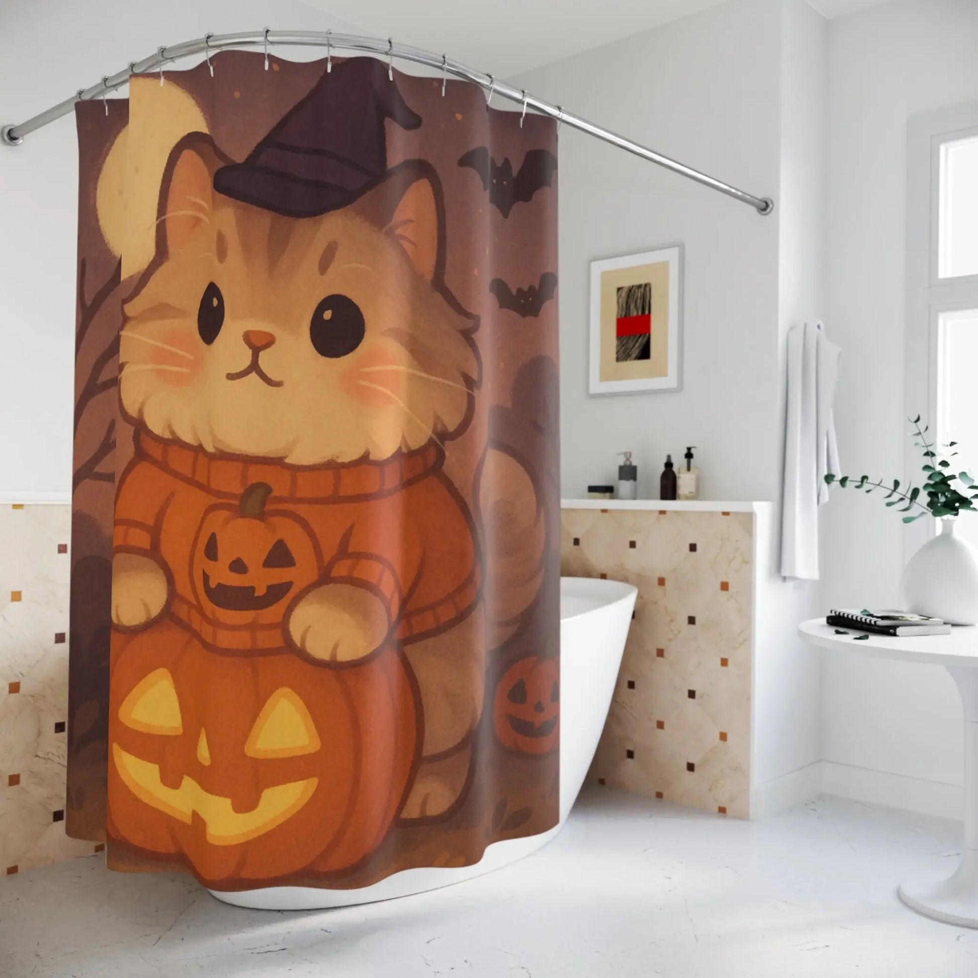 Cute Halloween Cat Shower Curtain - Cozy Bathroom Decor, Fall Home Accessory - FloofChonk