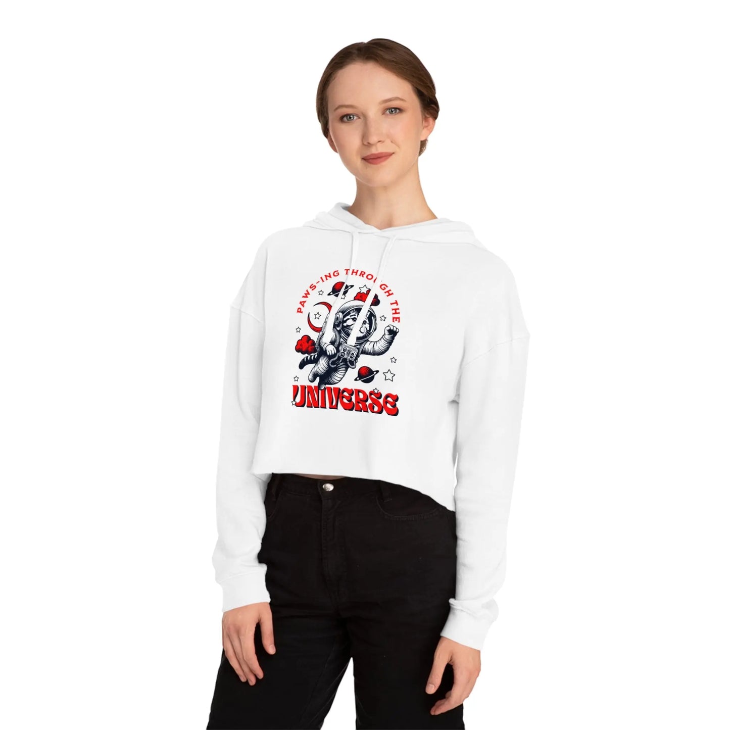 Cat Lover's Cropped Hoodie - Pam-pawing Through the Universe Printify
