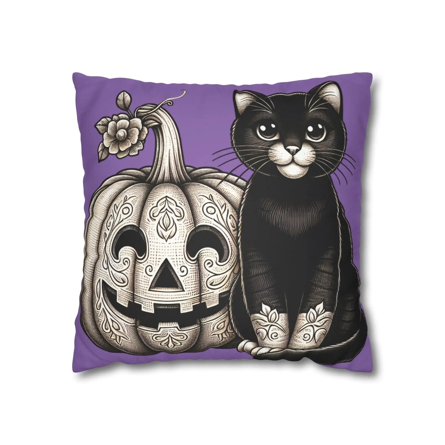 Black Cat and Pumpkin Square Pillowcase, Faux Suede Halloween Pillow Cover, Multiple Sizes, Spooky Home Decor, Cat Lover Gift - FloofChonk