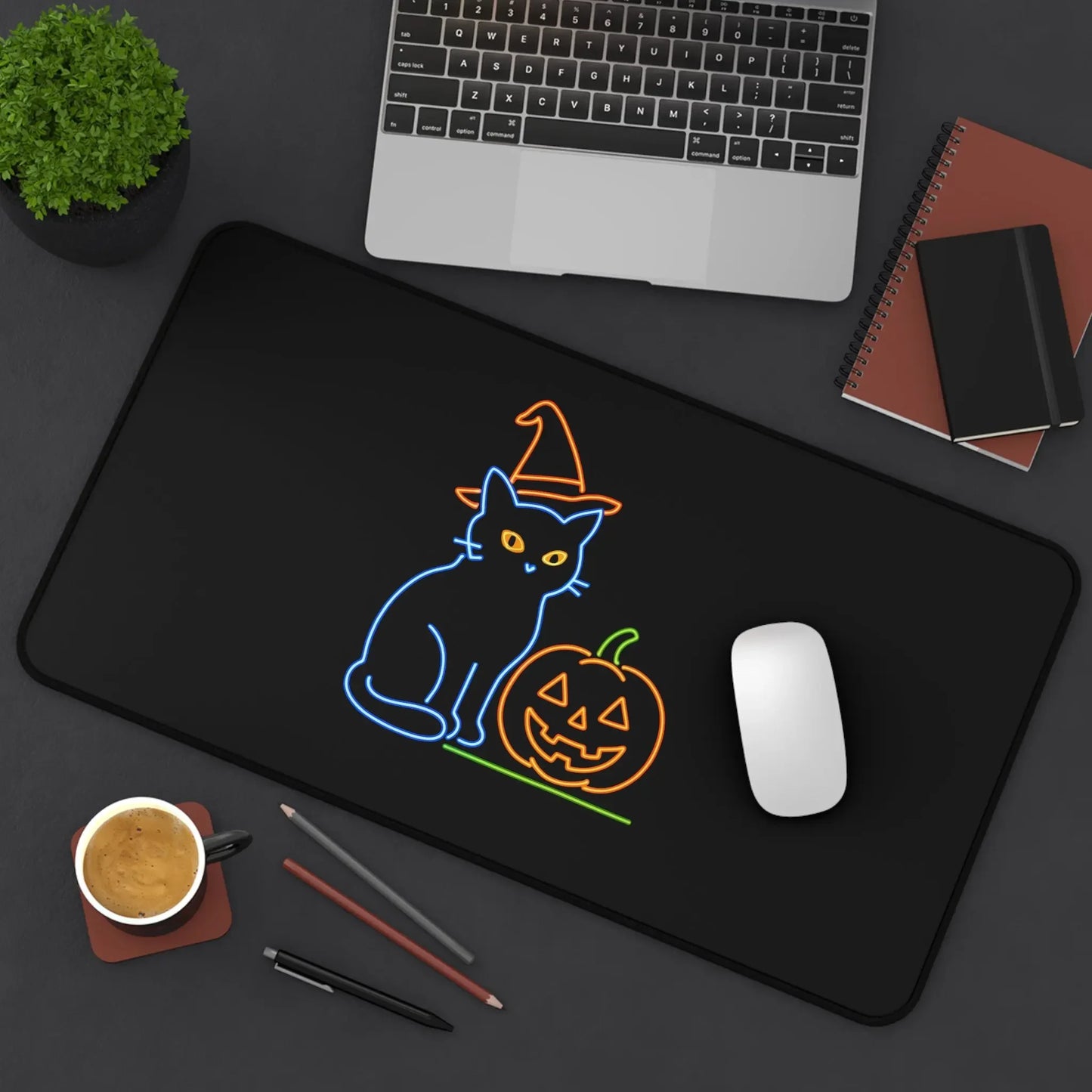 Cat Desk Mat, Cute Halloween Cat Decor, Office Desk Accessories, Fall Home Decor, Halloween Gifts for Cat Lovers, Cat Mouse Pad, Cat Office - FloofChonk