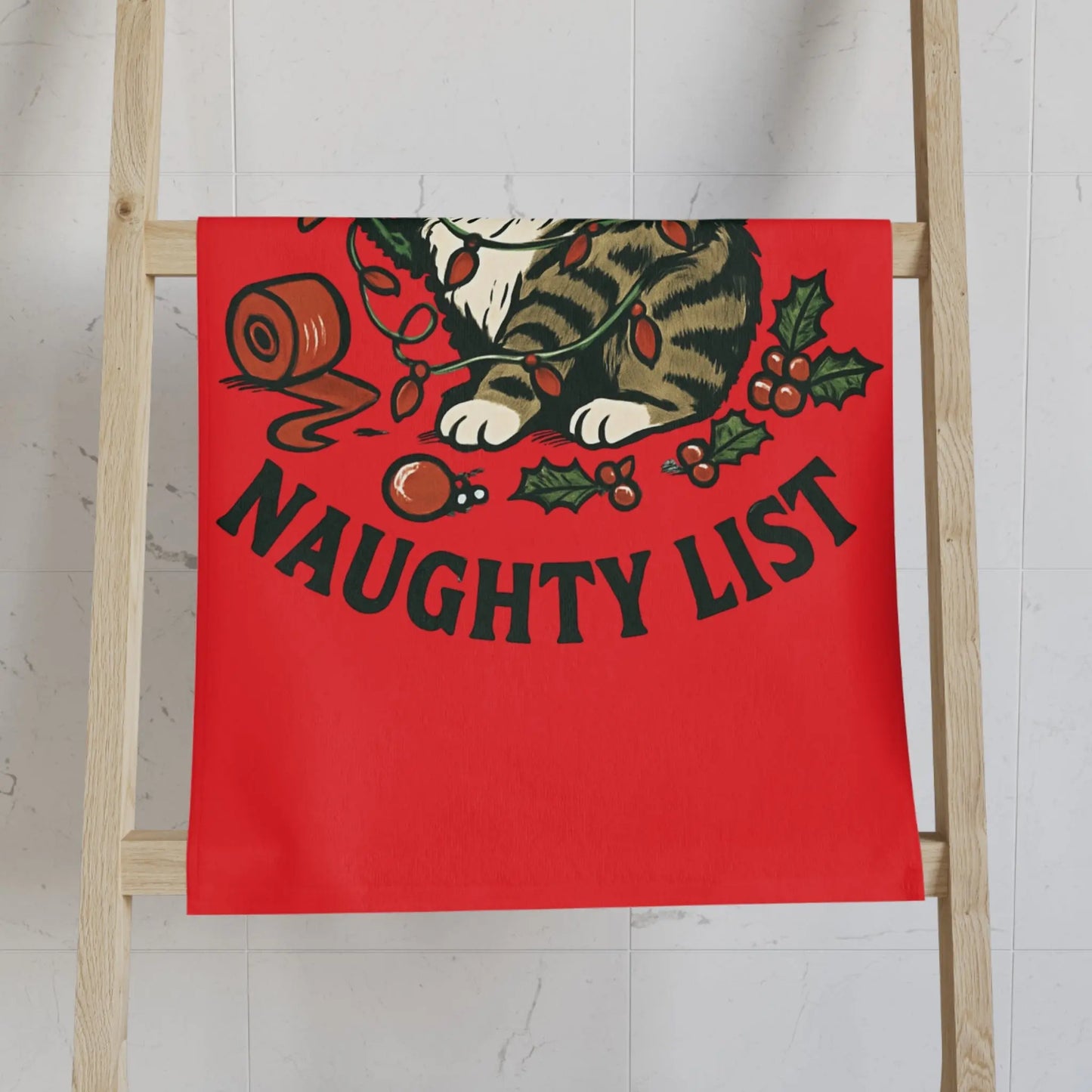 Naughty List Cat Hand Towel – Funny Christmas Kitten Holiday Decor Printify