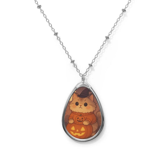 Cat Halloween Oval Necklace, Pet Lover Jewelry, Pumpkin Pendant, Cute Gifts for Fall, Cat Themed Accessories, Halloween Celebration - FloofChonk
