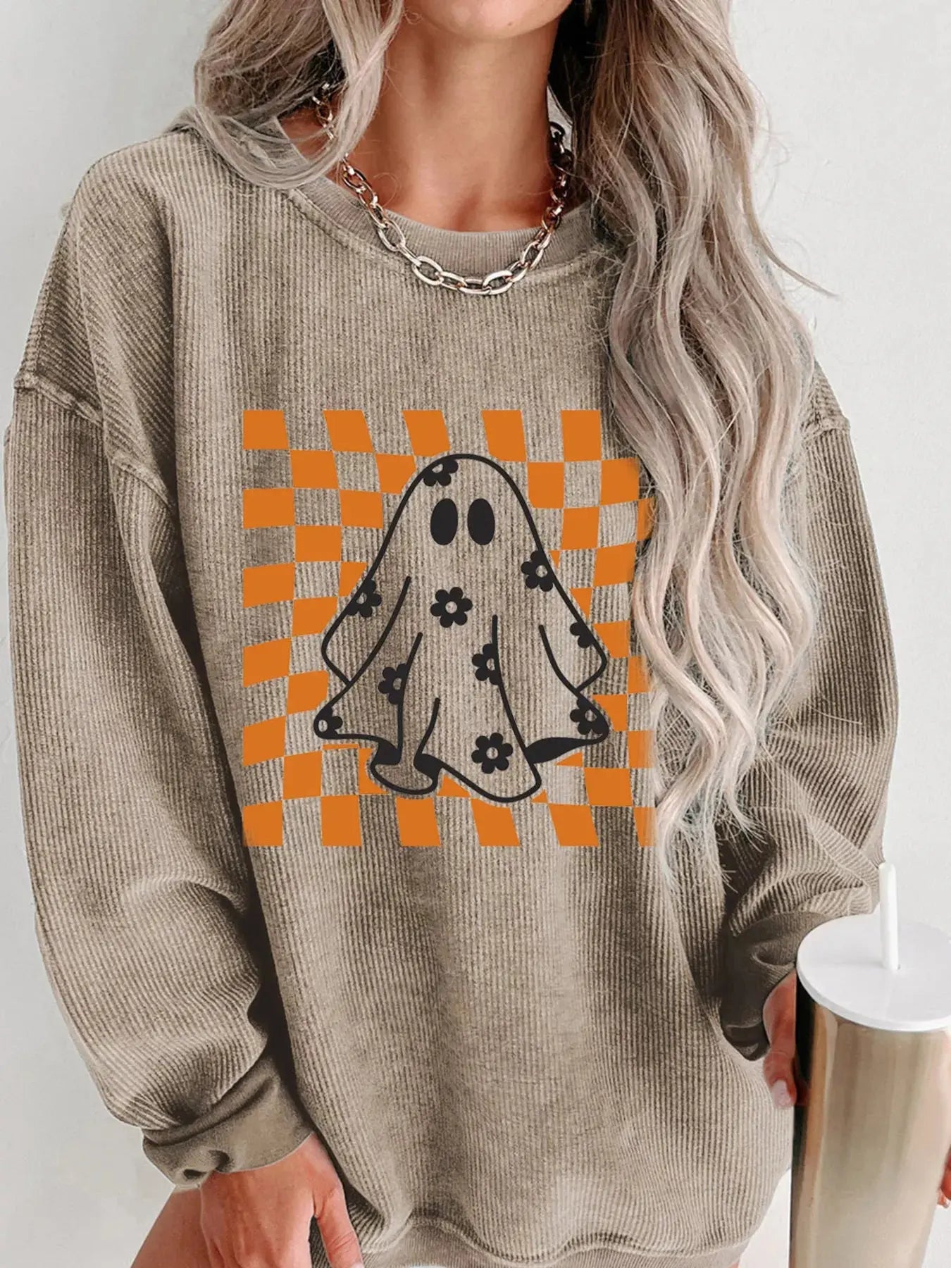 Halloween Checkerboard Floral Ghost Graphic Corded Sweatshirt - FloofChonk