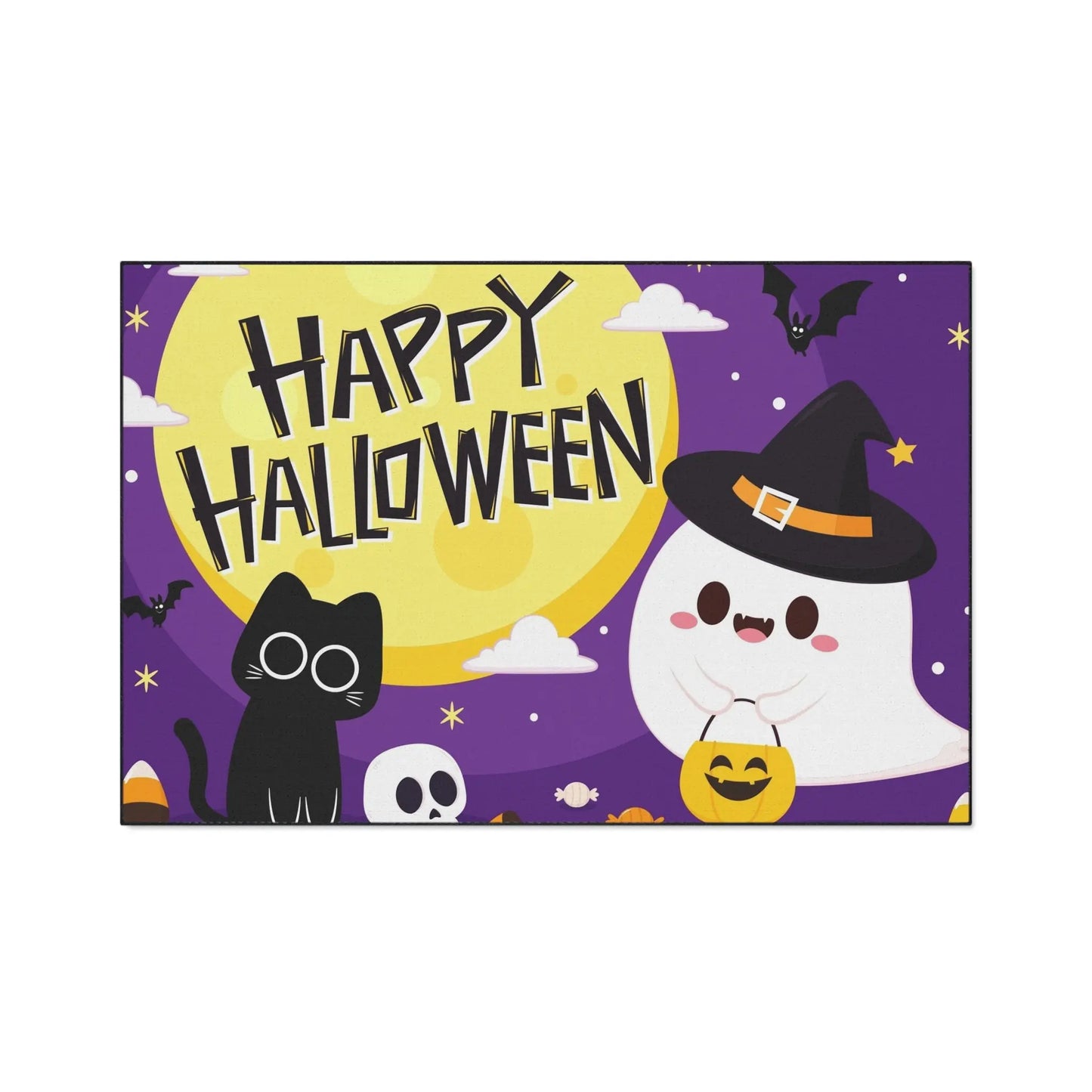 Happy Halloween Floor Mat, Spooky Decor for Entryway, Cute Ghost and Cat, Halloween Party Welcome, Fall Home Decoration, Trick or Treat Mat