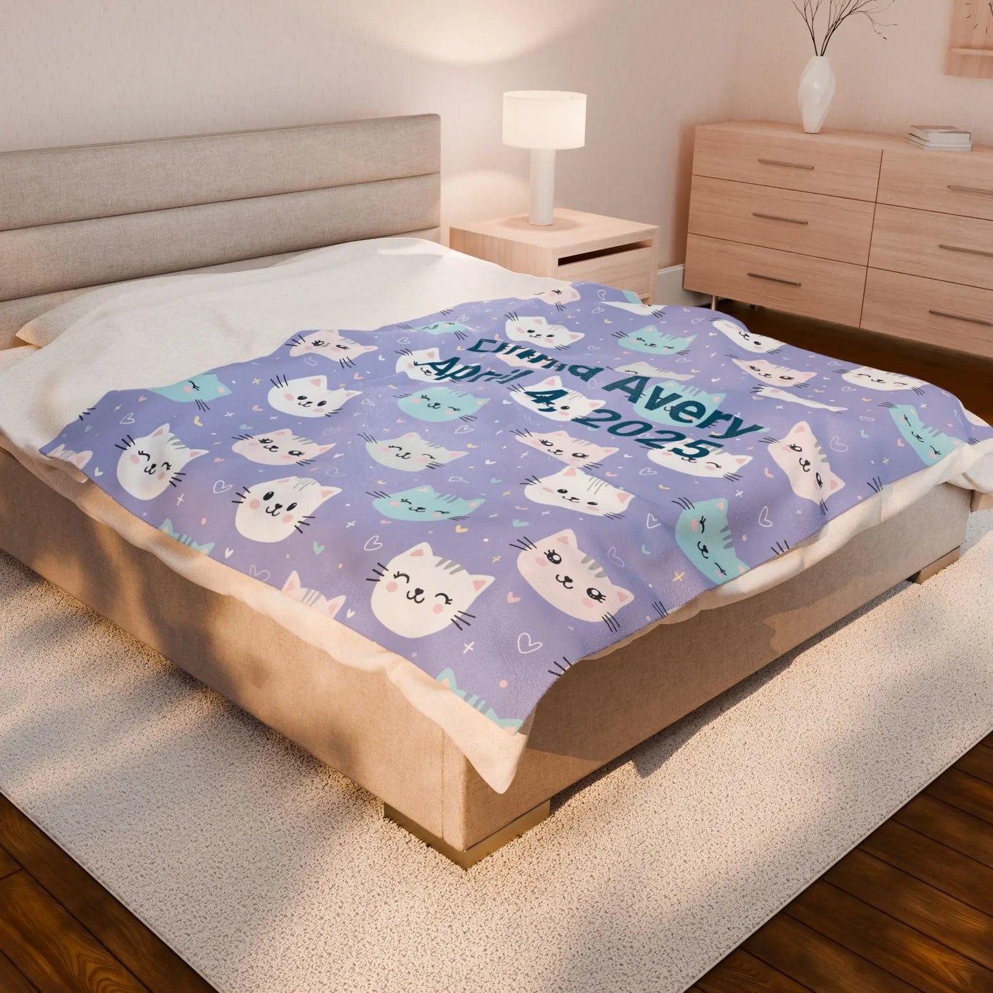 Personalized Cat Velveteen Blanket, Cozy Baby Shower Gift, Nursery Decor, Cat Lover's Plush Throw, Custom Cat Pattern Bedding Printify