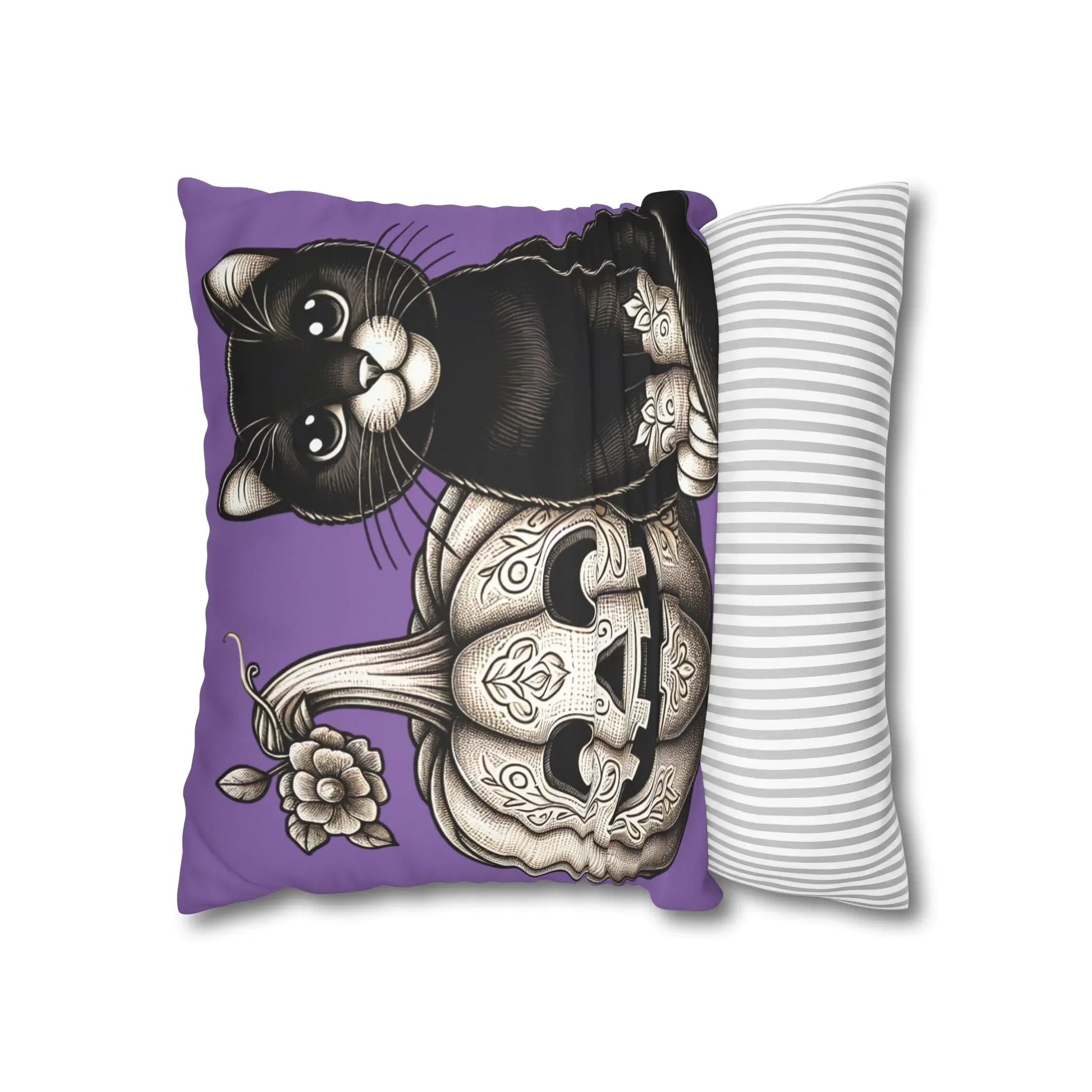 Black Cat and Pumpkin Square Pillowcase, Faux Suede Halloween Pillow Cover, Multiple Sizes, Spooky Home Decor, Cat Lover Gift - FloofChonk