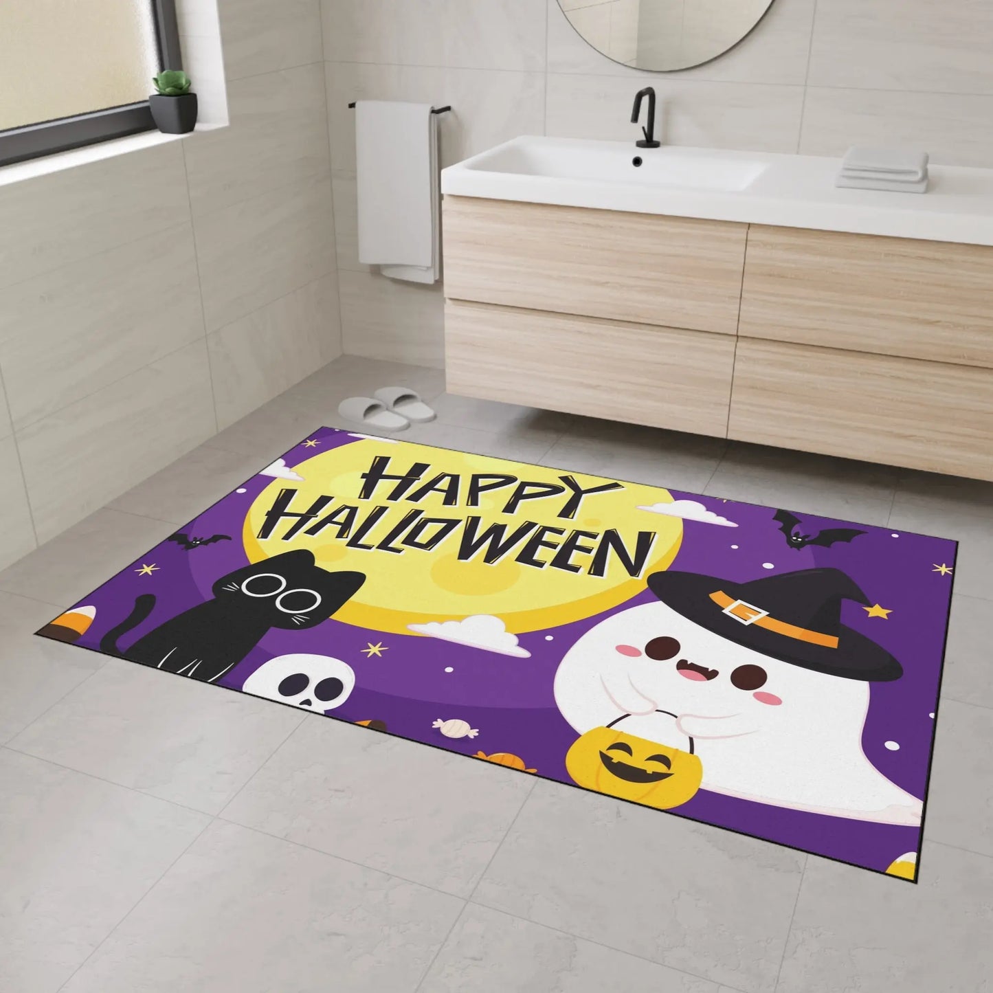Happy Halloween Floor Mat, Spooky Decor for Entryway, Cute Ghost and Cat, Halloween Party Welcome, Fall Home Decoration, Trick or Treat Mat