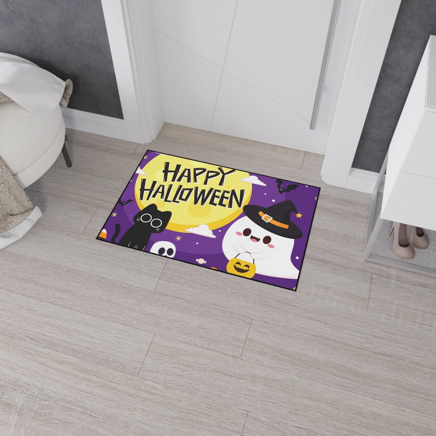 Happy Halloween Floor Mat, Spooky Decor for Entryway, Cute Ghost and Cat, Halloween Party Welcome, Fall Home Decoration, Trick or Treat Mat