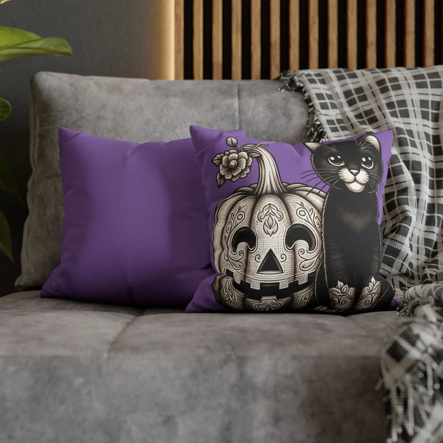 Black Cat and Pumpkin Square Pillowcase, Faux Suede Halloween Pillow Cover, Multiple Sizes, Spooky Home Decor, Cat Lover Gift - FloofChonk