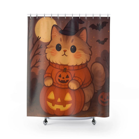 Cute Halloween Cat Shower Curtain - Cozy Bathroom Decor, Fall Home Accessory - FloofChonk