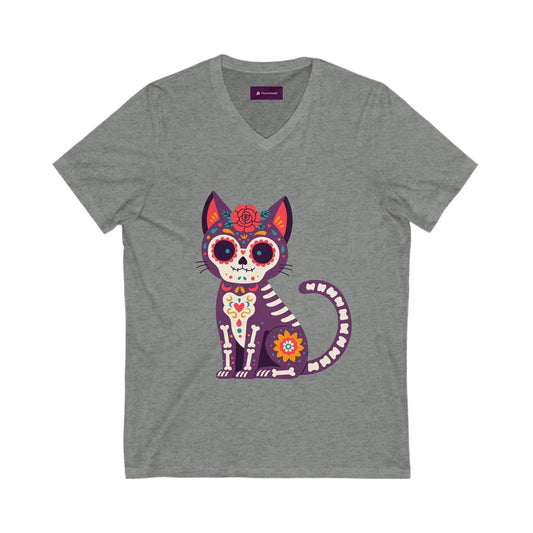 Dia de los Muertos Cat V-Neck Tee, Casual Cat Lover Shirt, Halloween Gift, Day of the Dead Top, Unique Animal Graphic Tee Printify