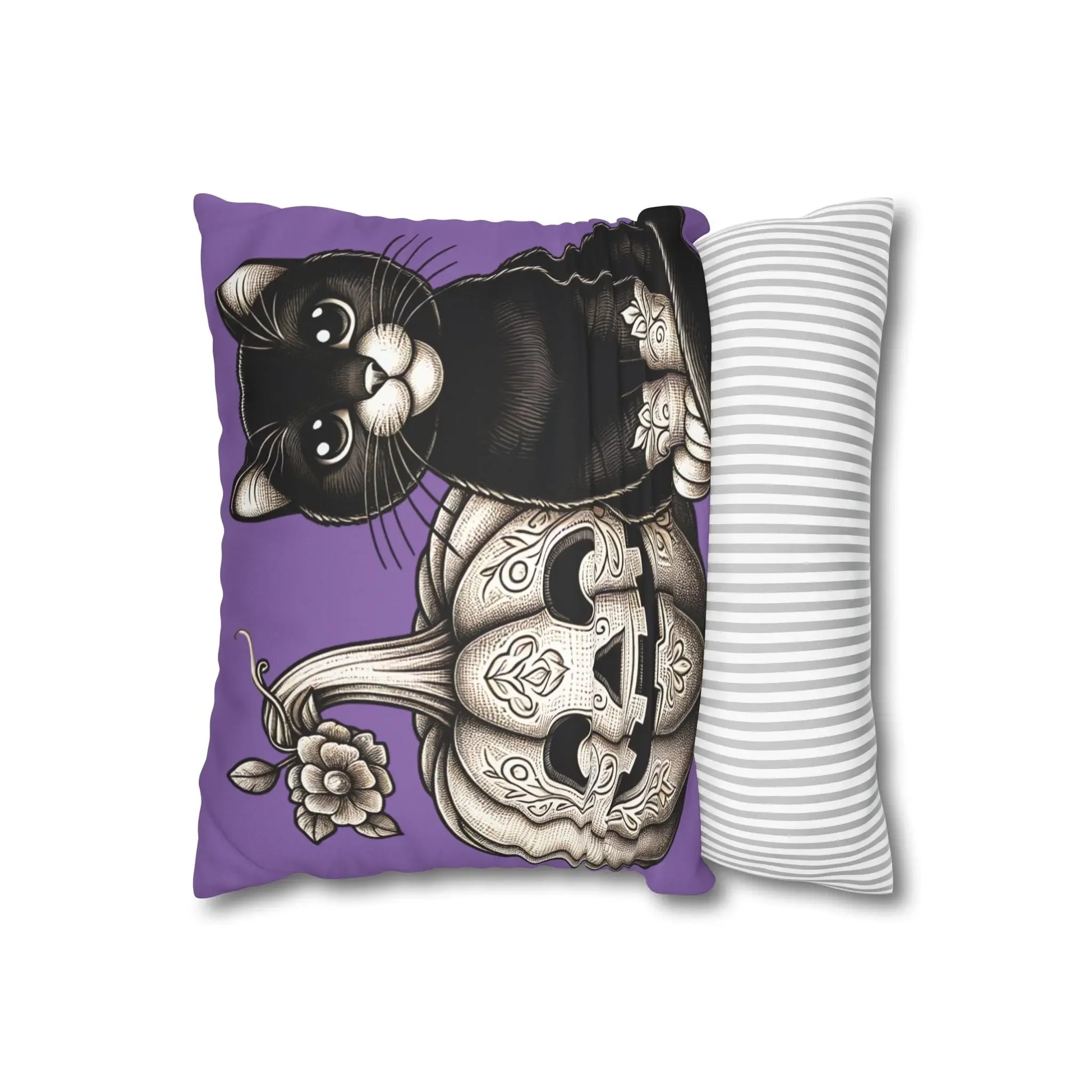 Black Cat and Pumpkin Square Pillowcase, Faux Suede Halloween Pillow Cover, Multiple Sizes, Spooky Home Decor, Cat Lover Gift - FloofChonk