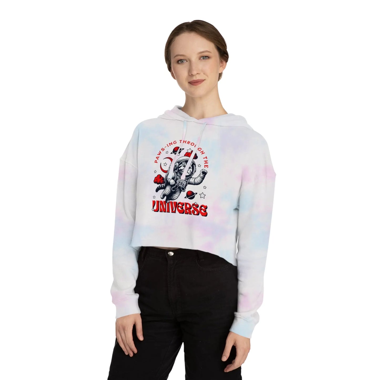 Cat Lover's Cropped Hoodie - Pam-pawing Through the Universe Printify