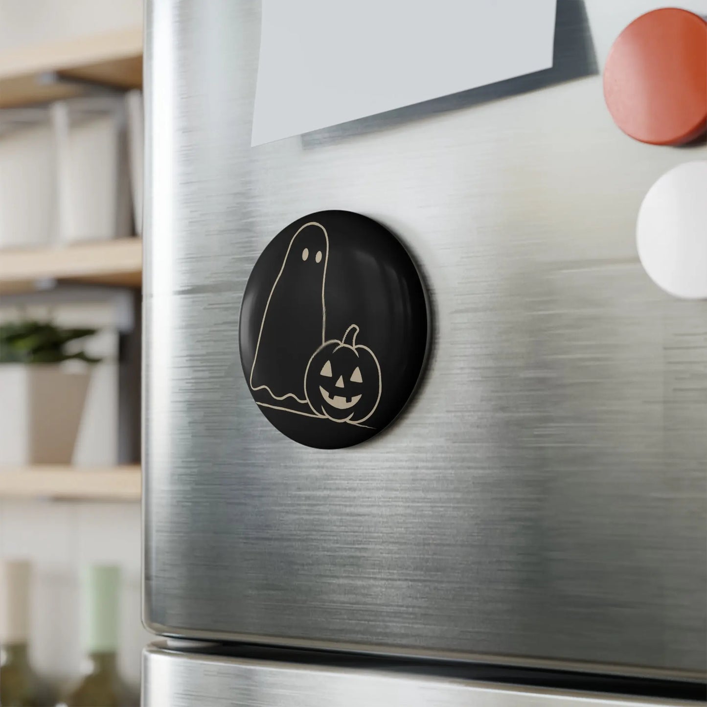 Button Magnet Set - Spooky Halloween Ghost & Pumpkin Design, Halloween Decor, Fall Gifts, Fun Refrigerator Decor, Round Magnet, Halloween