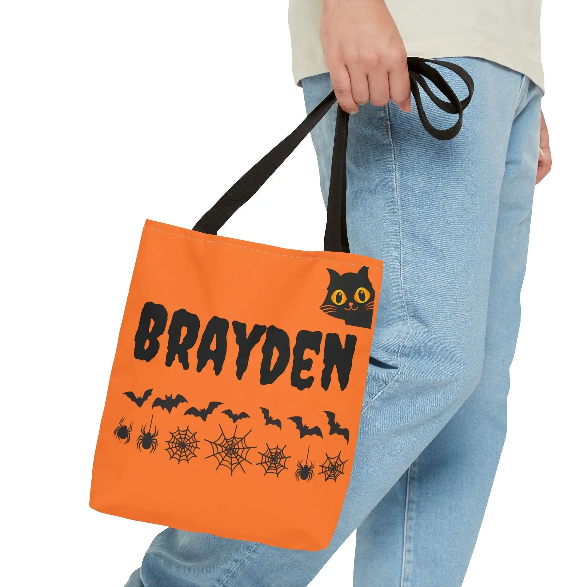 Halloween Personalized Tote Bag, Spooky Shopping Bag, Custom Trick or Treat Bag, Unique Fall Gift, Cat and Skull Design - FloofChonk