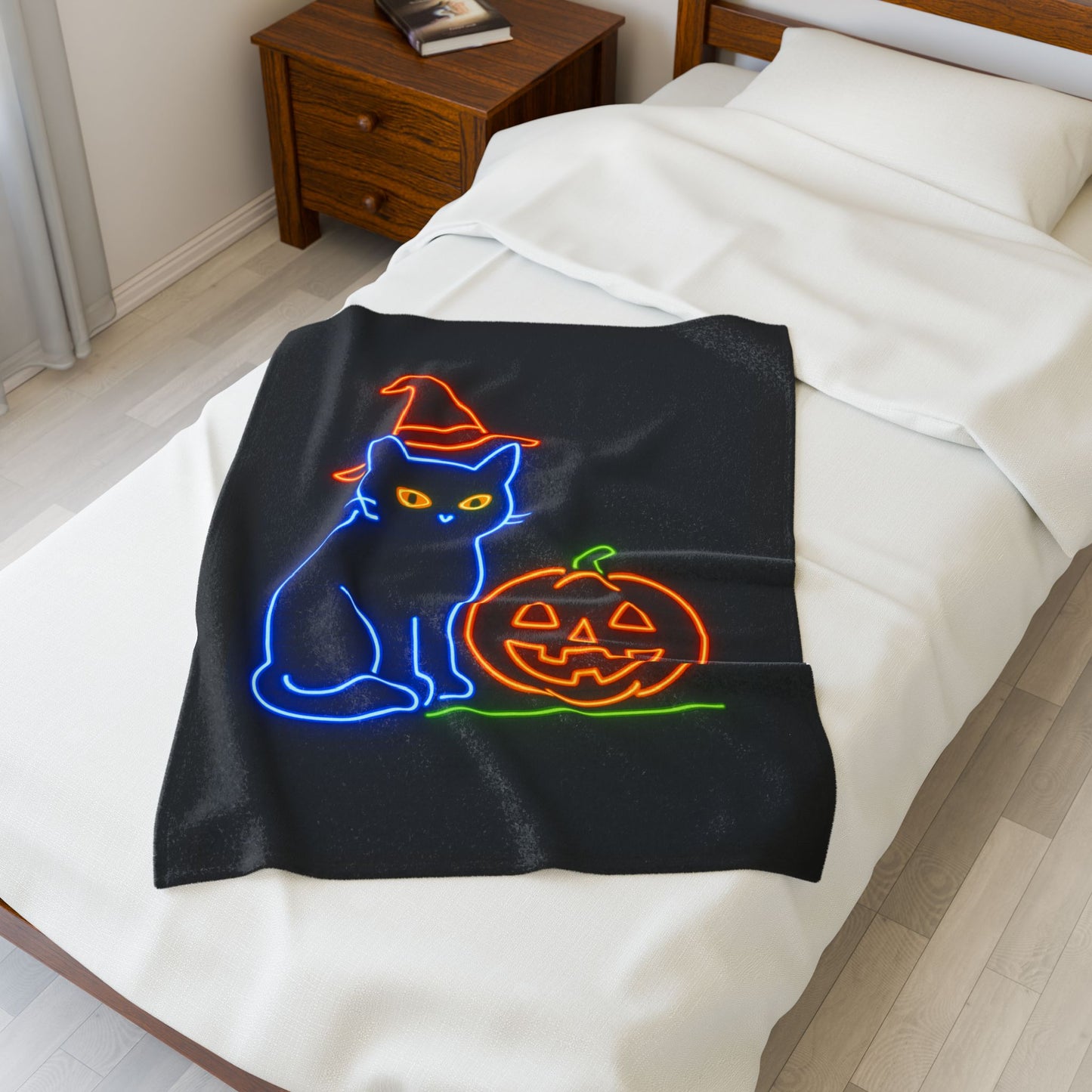 Velveteen Plush Blanket | Cozy Halloween Cat Soft Throw for Fall, Spooky Decor, Gift for Cat Lovers, Autumn Snuggle, Cozy Home, Halloween