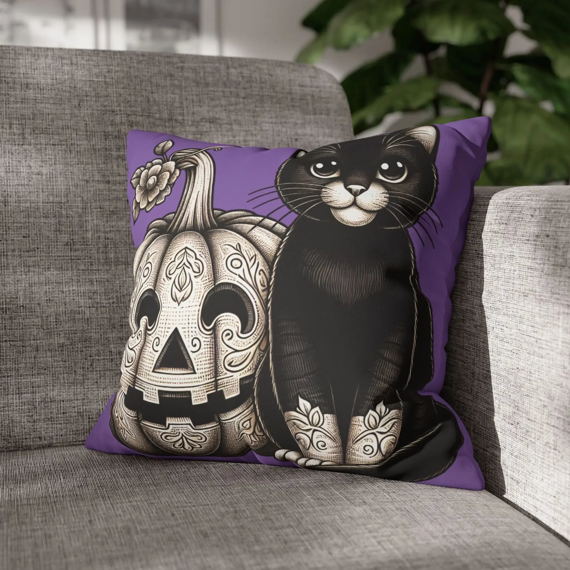 Black Cat and Pumpkin Square Pillowcase, Faux Suede Halloween Pillow Cover, Multiple Sizes, Spooky Home Decor, Cat Lover Gift - FloofChonk
