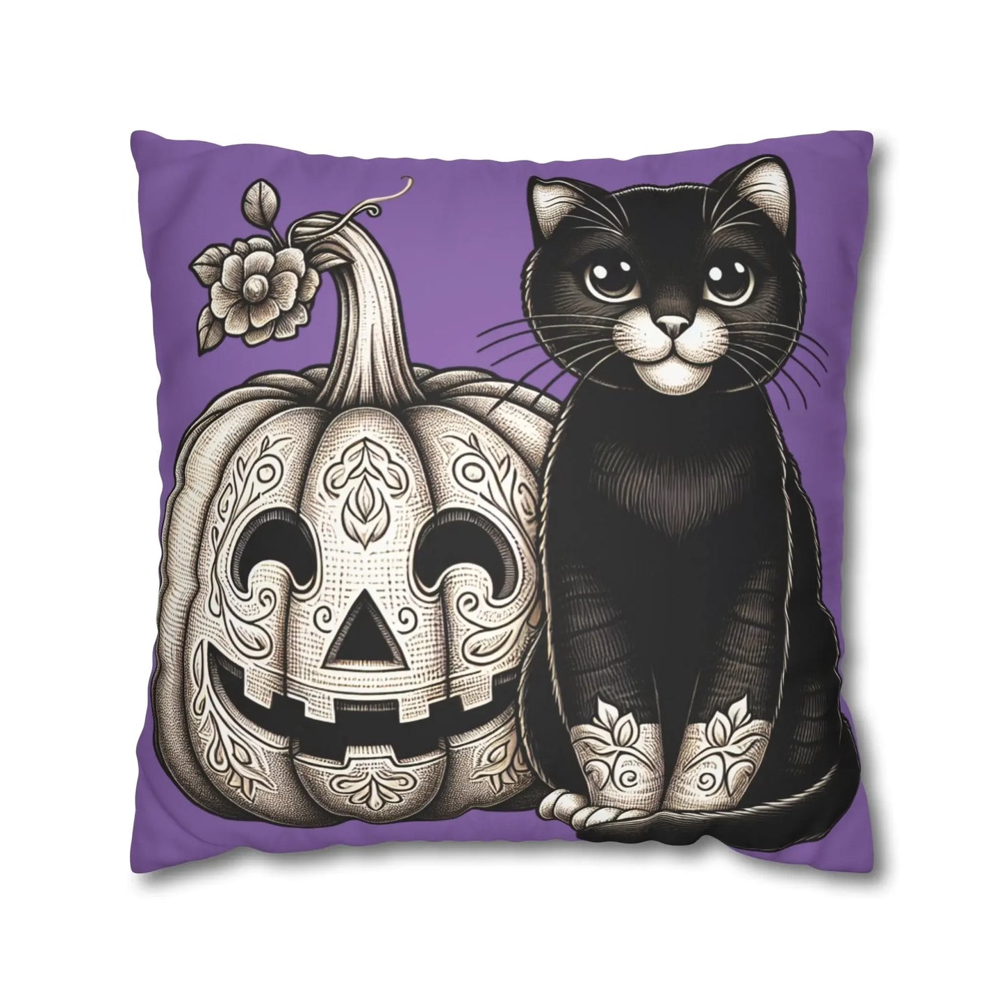 Black Cat and Pumpkin Square Pillowcase, Faux Suede Halloween Pillow Cover, Multiple Sizes, Spooky Home Decor, Cat Lover Gift - FloofChonk