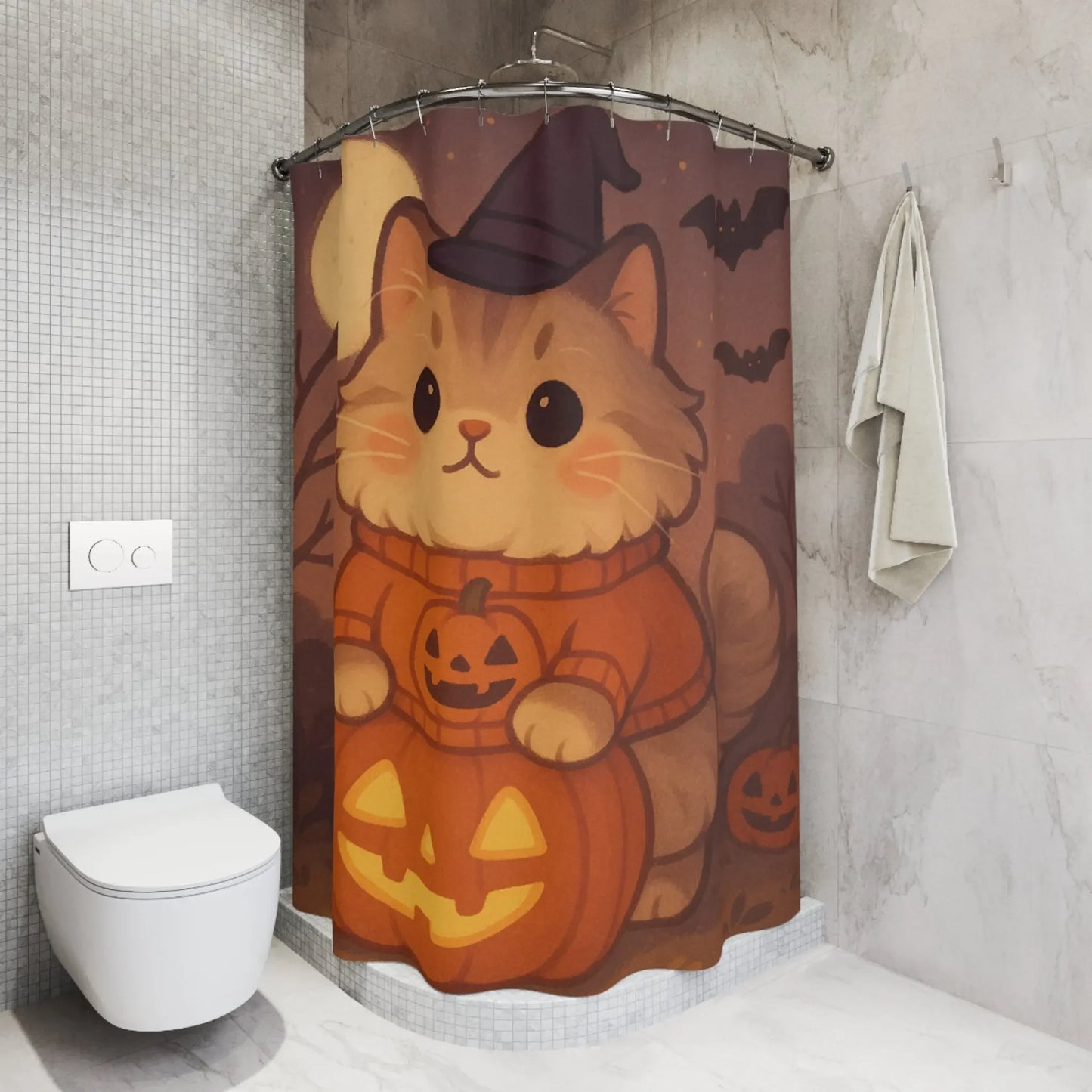 Cute Halloween Cat Shower Curtain - Cozy Bathroom Decor, Fall Home Accessory - FloofChonk