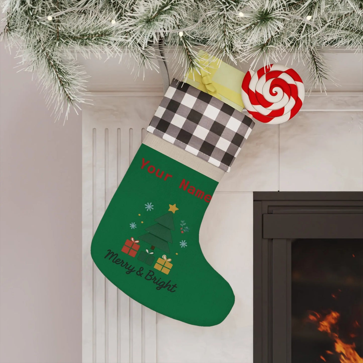 Personalized Merry & Bright Christmas Stocking – Buffalo Plaid Cuff, Custom Name Holiday Decor Printify