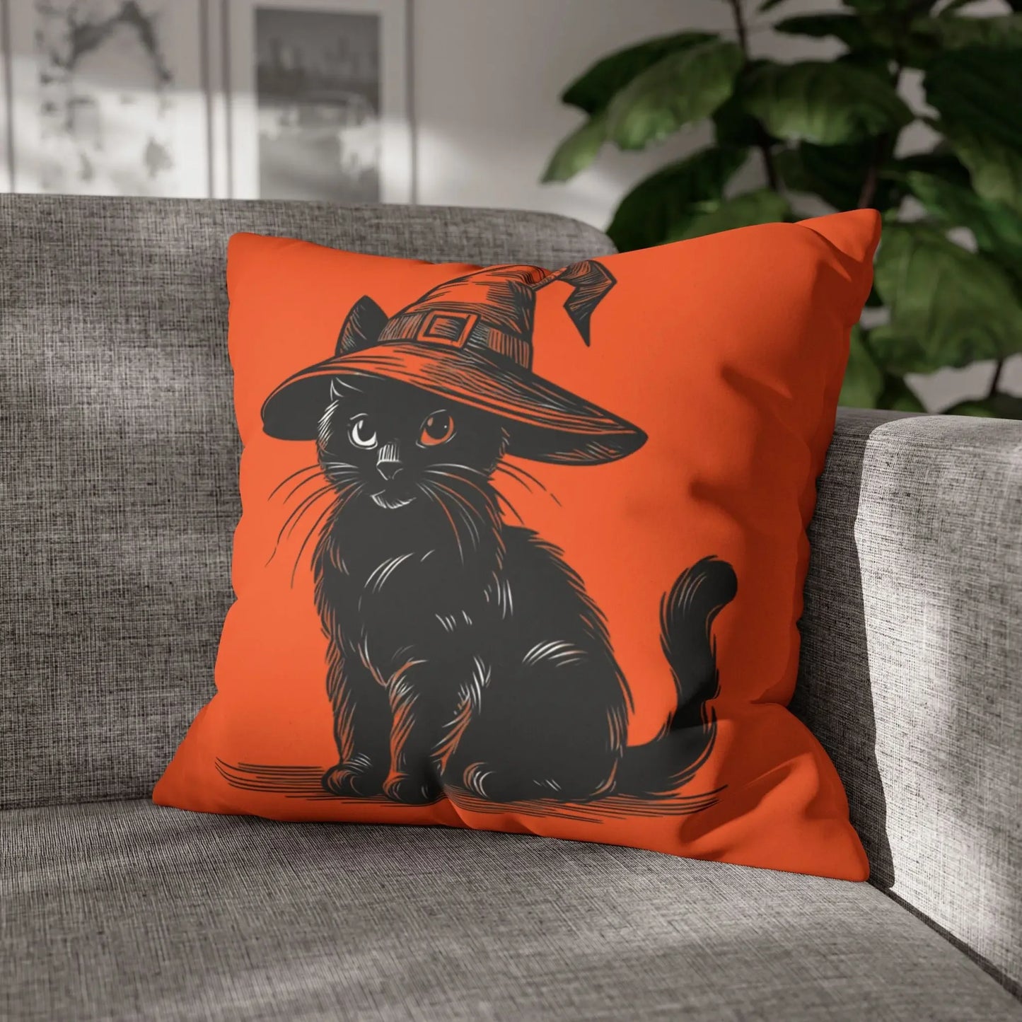 Halloween Cat Pillowcase, Cozy Throw, Cat Lover Gift, Autumn Decor, Witch Hat Cushion Cover, Home Accessories, Square Pillow, Faux Suede - FloofChonk