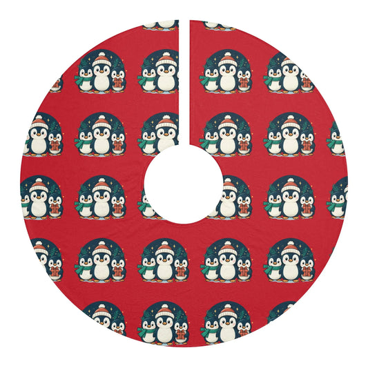 Penguin Family Christmas Tree Skirt — Festive Red Holiday Decor Printify
