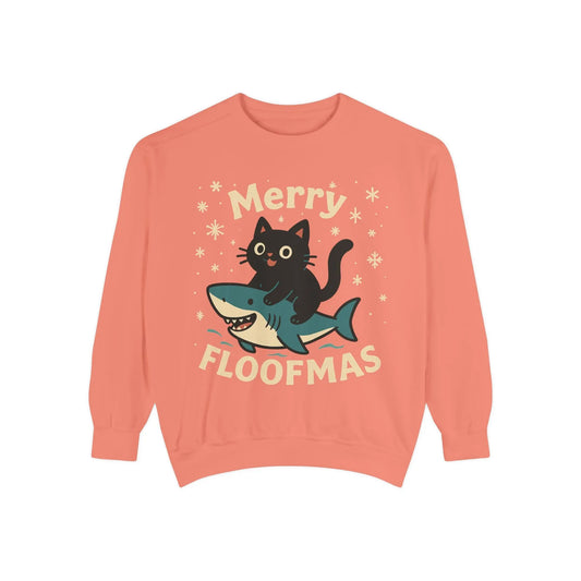 Merry Floofmas Sweatshirt — Cute Cat Riding Shark Holiday Sweater Printify