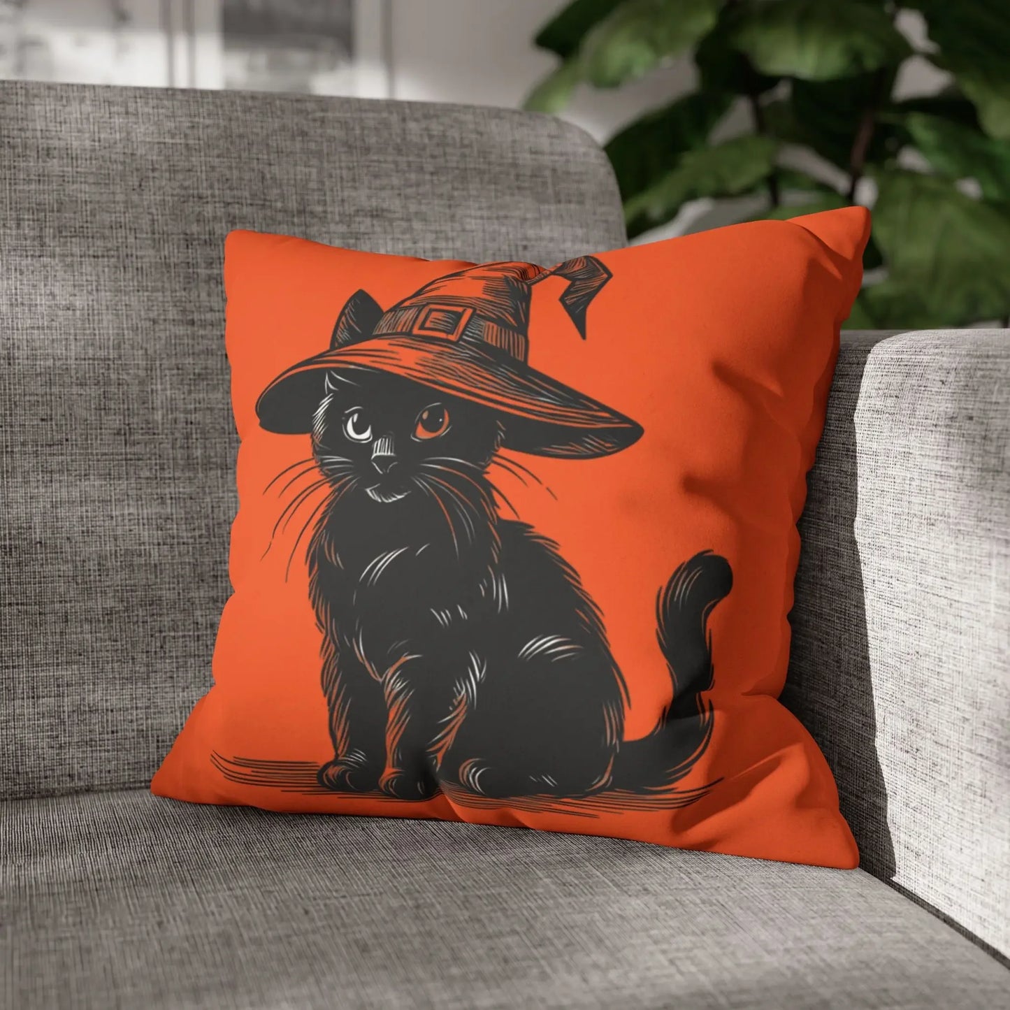 Halloween Cat Pillowcase, Cozy Throw, Cat Lover Gift, Autumn Decor, Witch Hat Cushion Cover, Home Accessories, Square Pillow, Faux Suede - FloofChonk