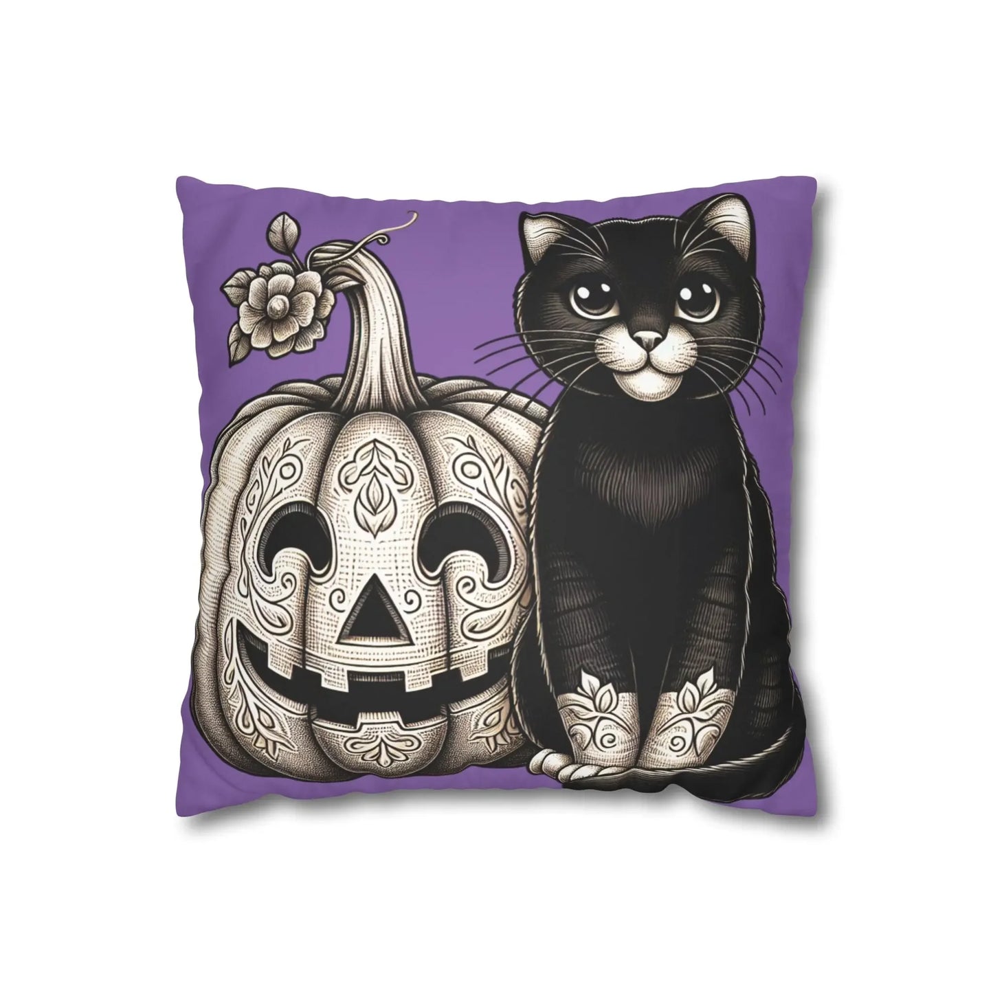 Black Cat and Pumpkin Square Pillowcase, Faux Suede Halloween Pillow Cover, Multiple Sizes, Spooky Home Decor, Cat Lover Gift - FloofChonk
