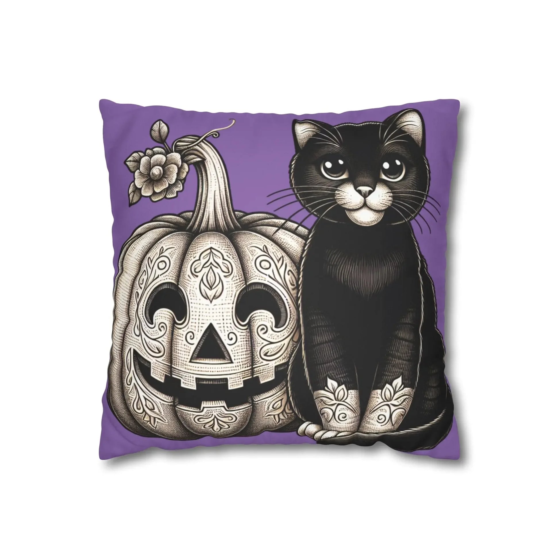 Black Cat and Pumpkin Square Pillowcase, Faux Suede Halloween Pillow Cover, Multiple Sizes, Spooky Home Decor, Cat Lover Gift - FloofChonk