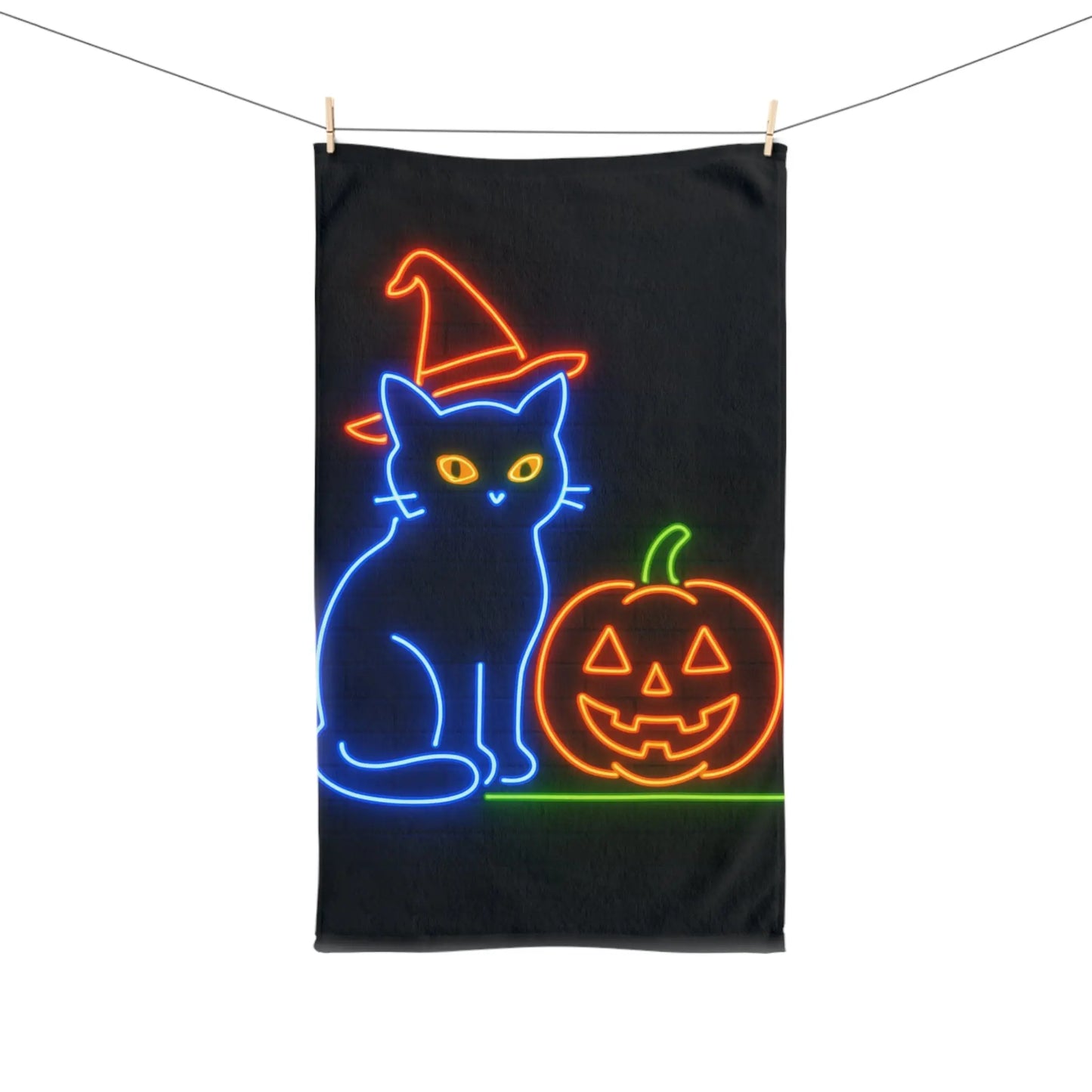 Neon Halloween Cat Hand Towel, Halloween Kitchen Decor, Cat Lover Gift, Spooky Home Towel, Pumpkin Design, Halloween Dish Towel, Halloween
