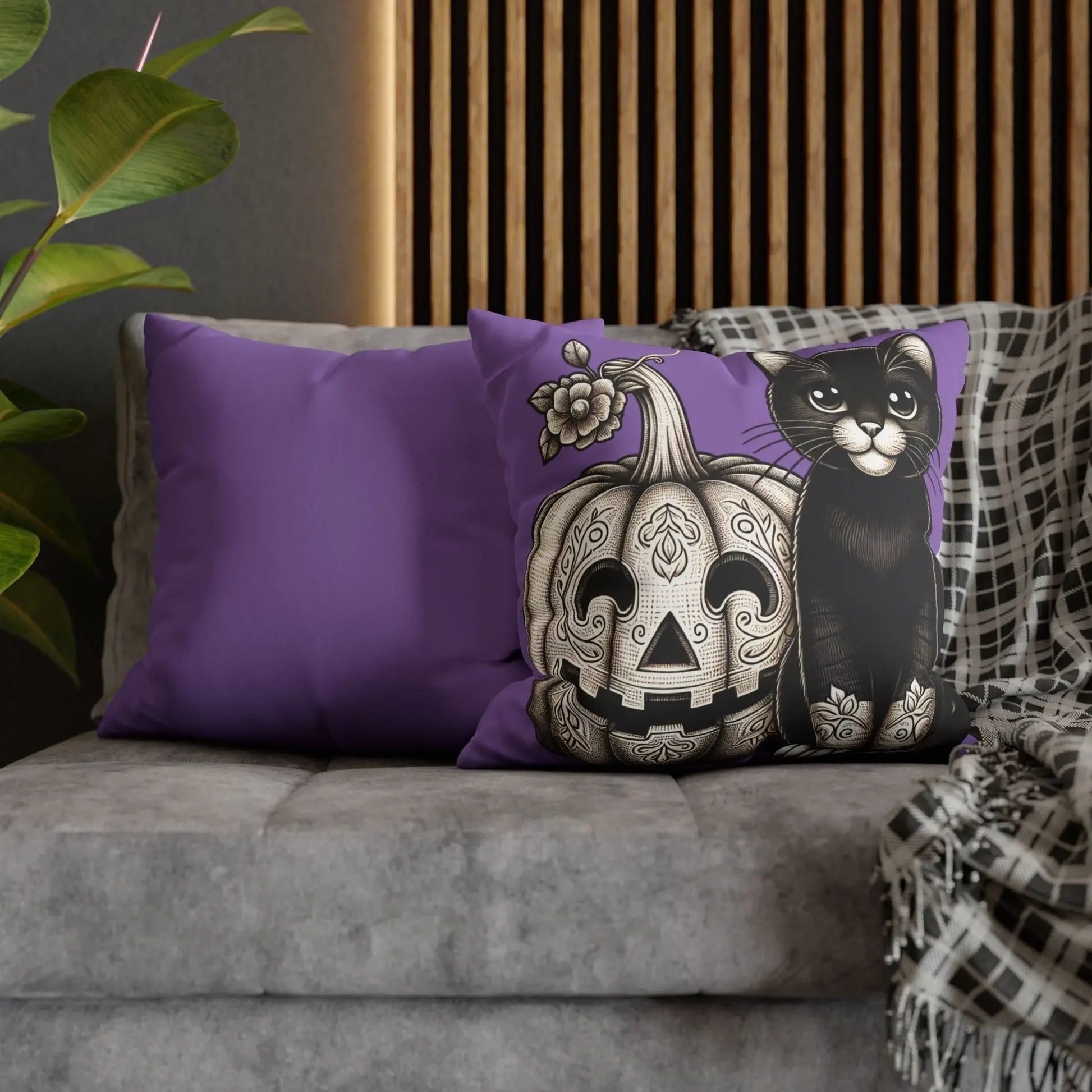 Black Cat and Pumpkin Square Pillowcase, Faux Suede Halloween Pillow Cover, Multiple Sizes, Spooky Home Decor, Cat Lover Gift - FloofChonk